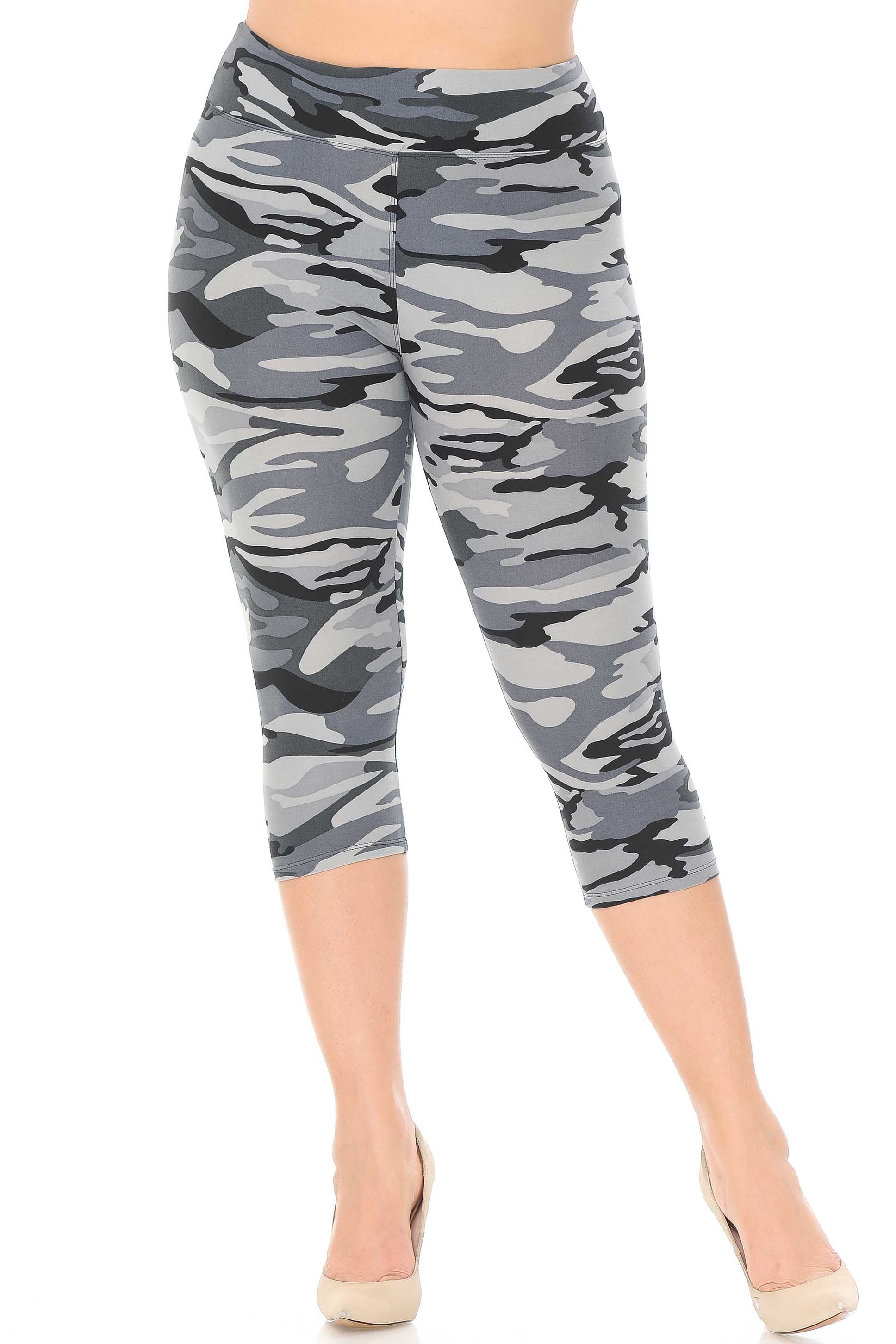 Wholesale Buttery Smooth Charcoal Camouflage High Waist Plus Size  Capris - 3 Inch
