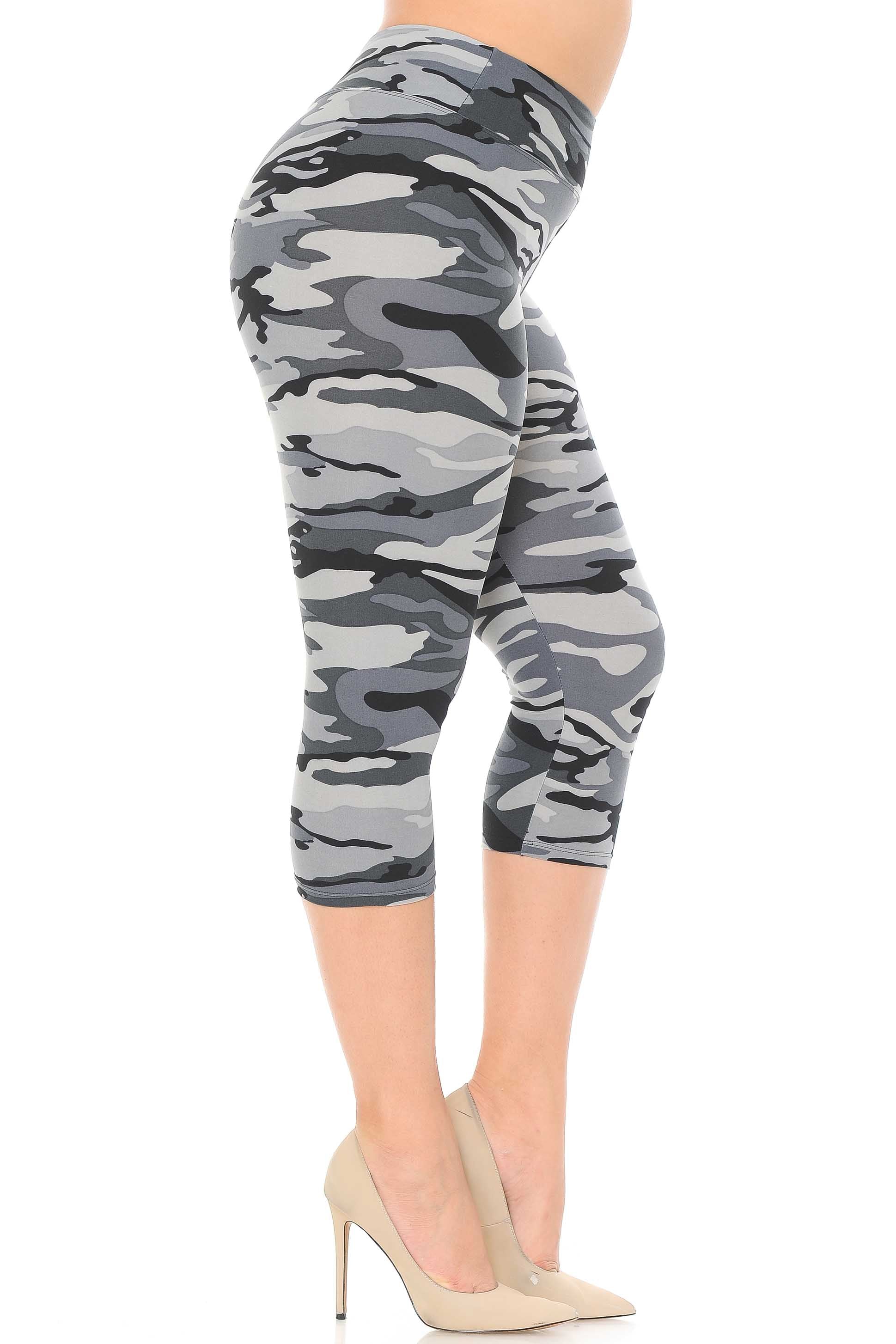 Wholesale Buttery Smooth Charcoal Camouflage High Waist Plus Size  Capris - 3 Inch