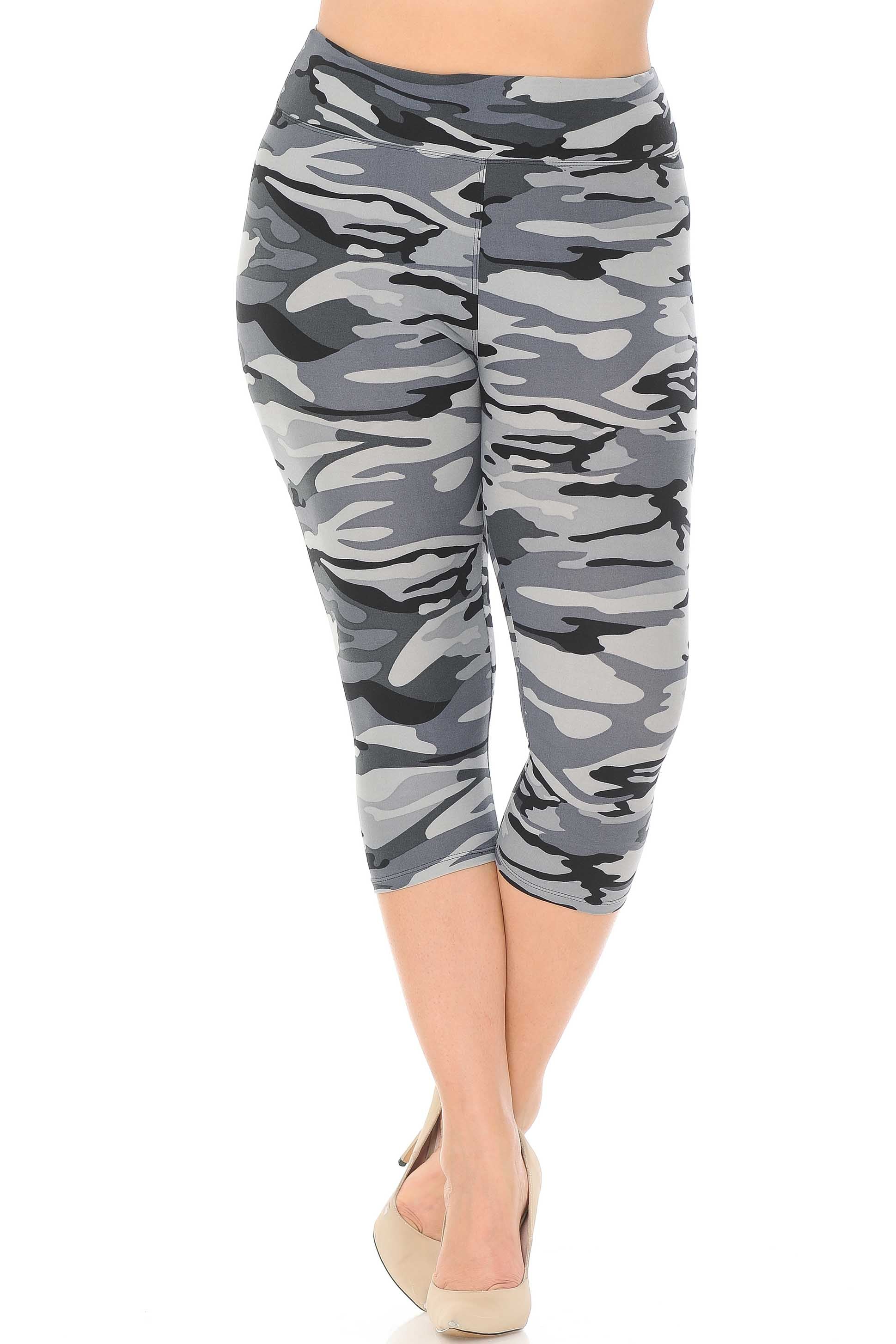 Wholesale Buttery Smooth Charcoal Camouflage High Waist Plus Size  Capris - 3 Inch