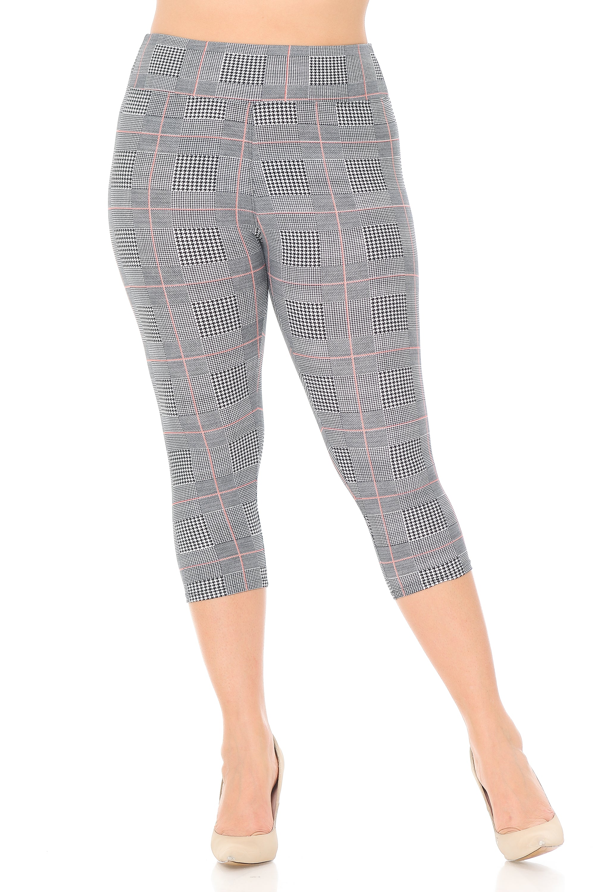 Wholesale Buttery Smooth Coral Accent Textured Houndstooth High Waist Plus Size Capris - 3 Inch