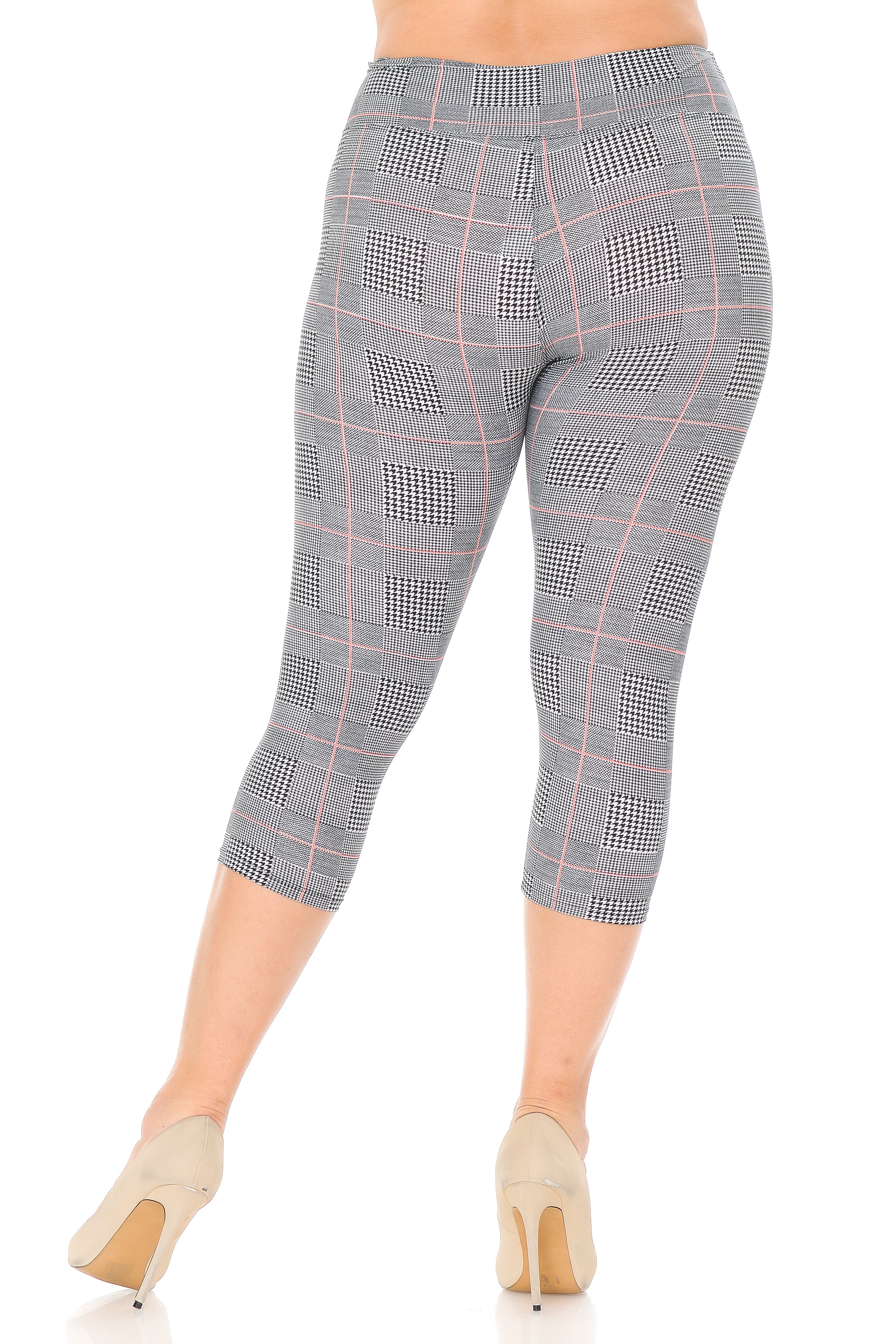 Wholesale Buttery Smooth Coral Accent Textured Houndstooth High Waist Plus Size Capris - 3 Inch