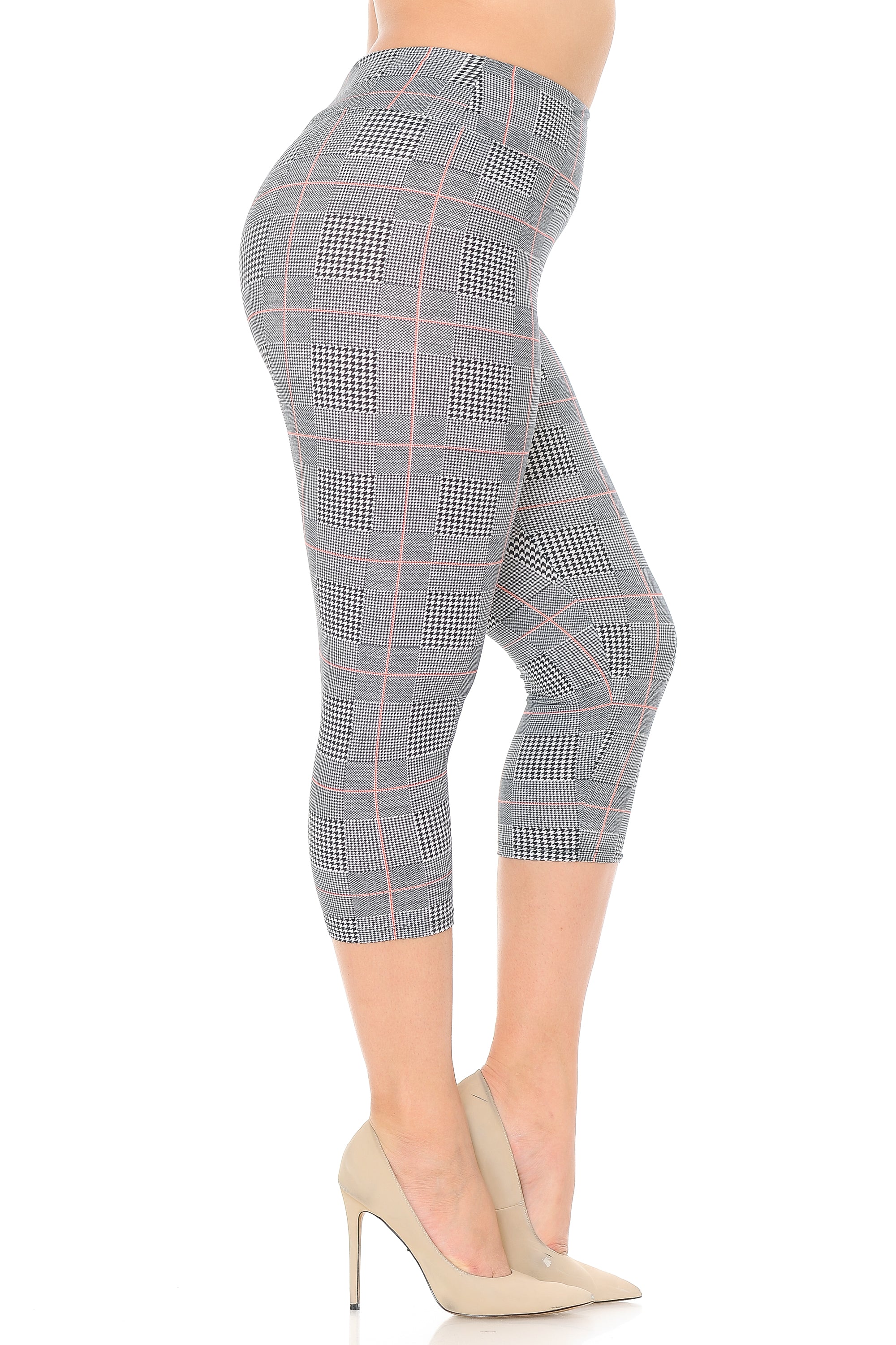 Wholesale Buttery Smooth Coral Accent Textured Houndstooth High Waist Plus Size Capris - 3 Inch