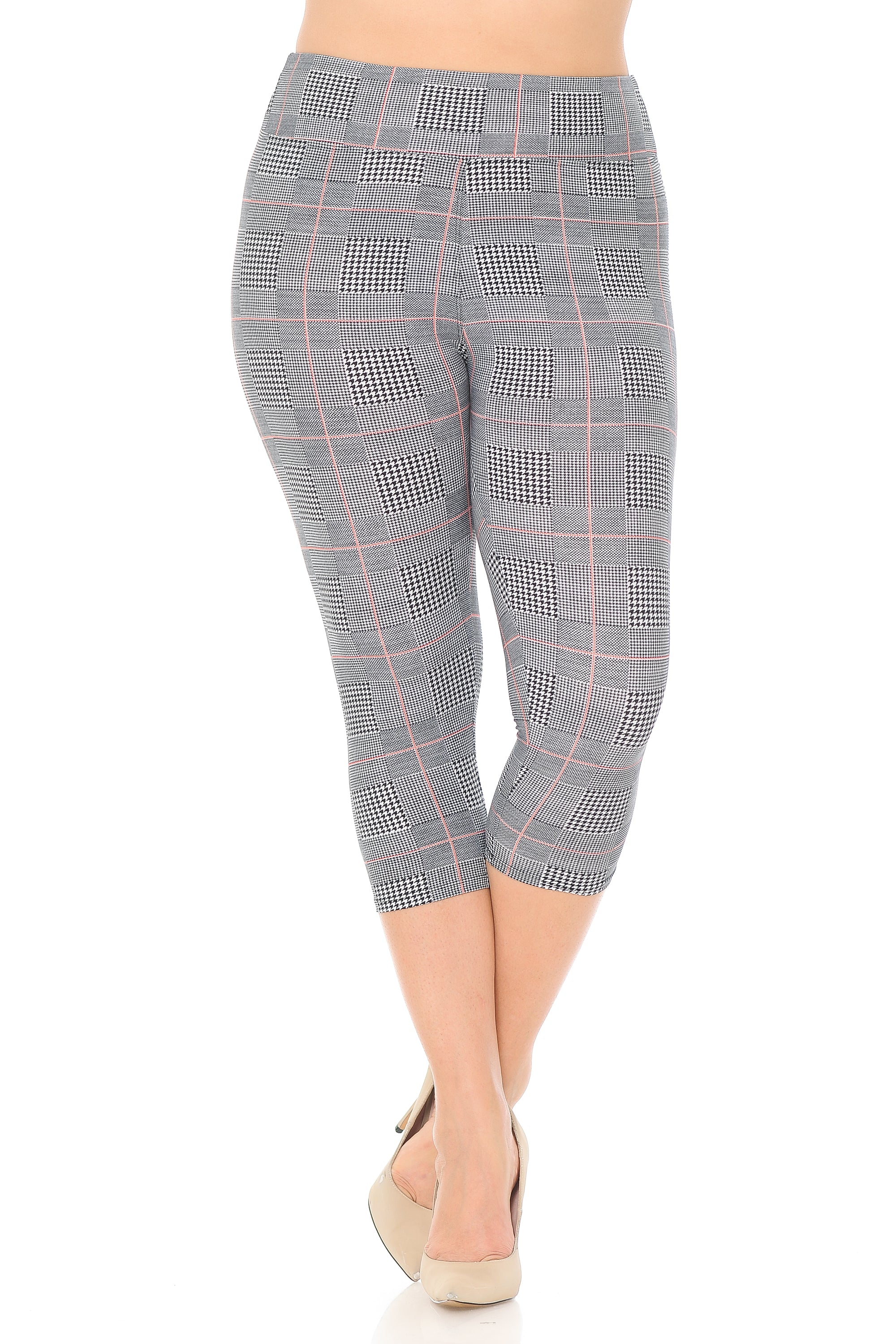 Wholesale Buttery Smooth Coral Accent Textured Houndstooth High Waist Plus Size Capris - 3 Inch