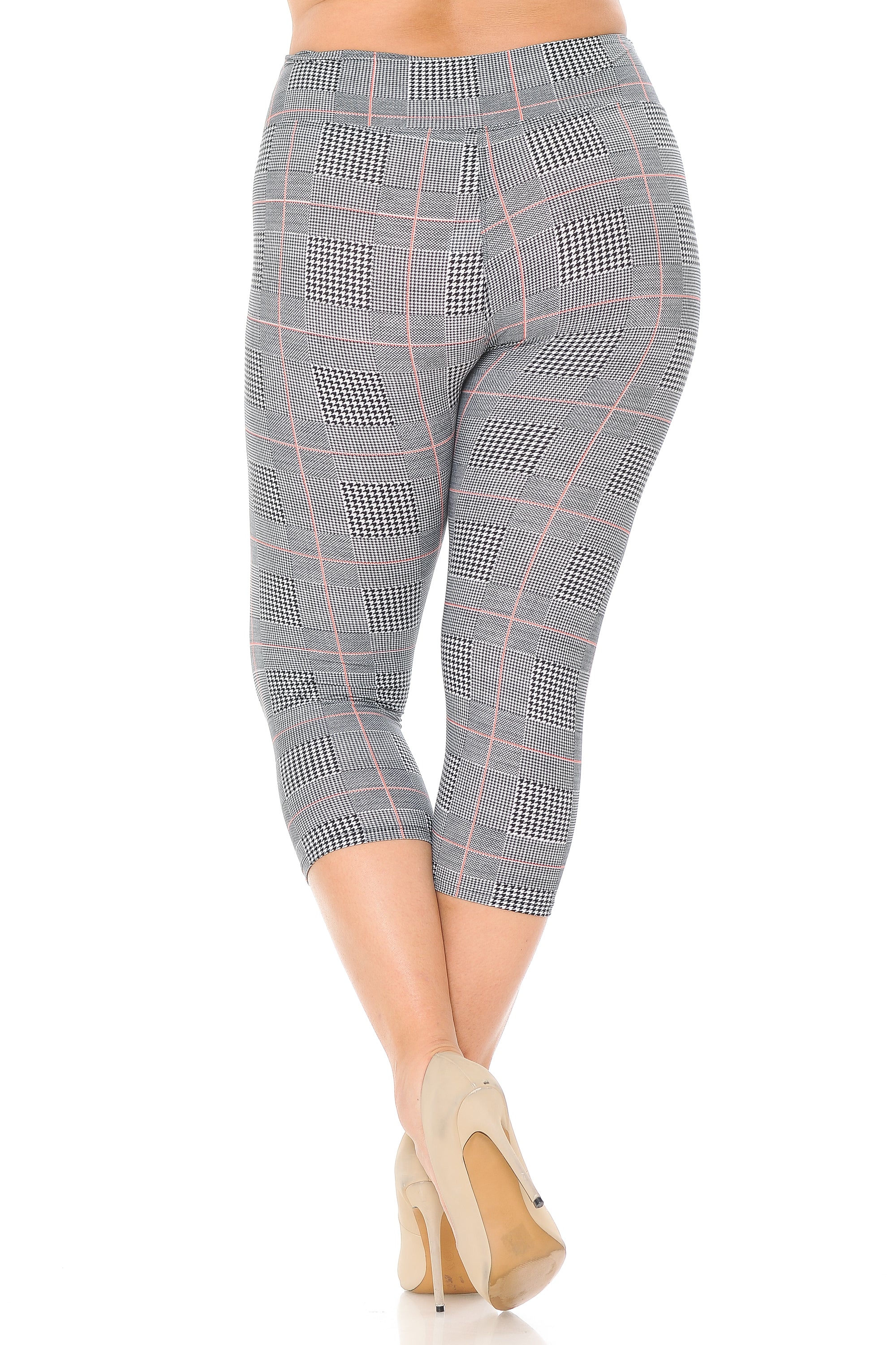 Wholesale Buttery Smooth Coral Accent Textured Houndstooth High Waist Plus Size Capris - 3 Inch