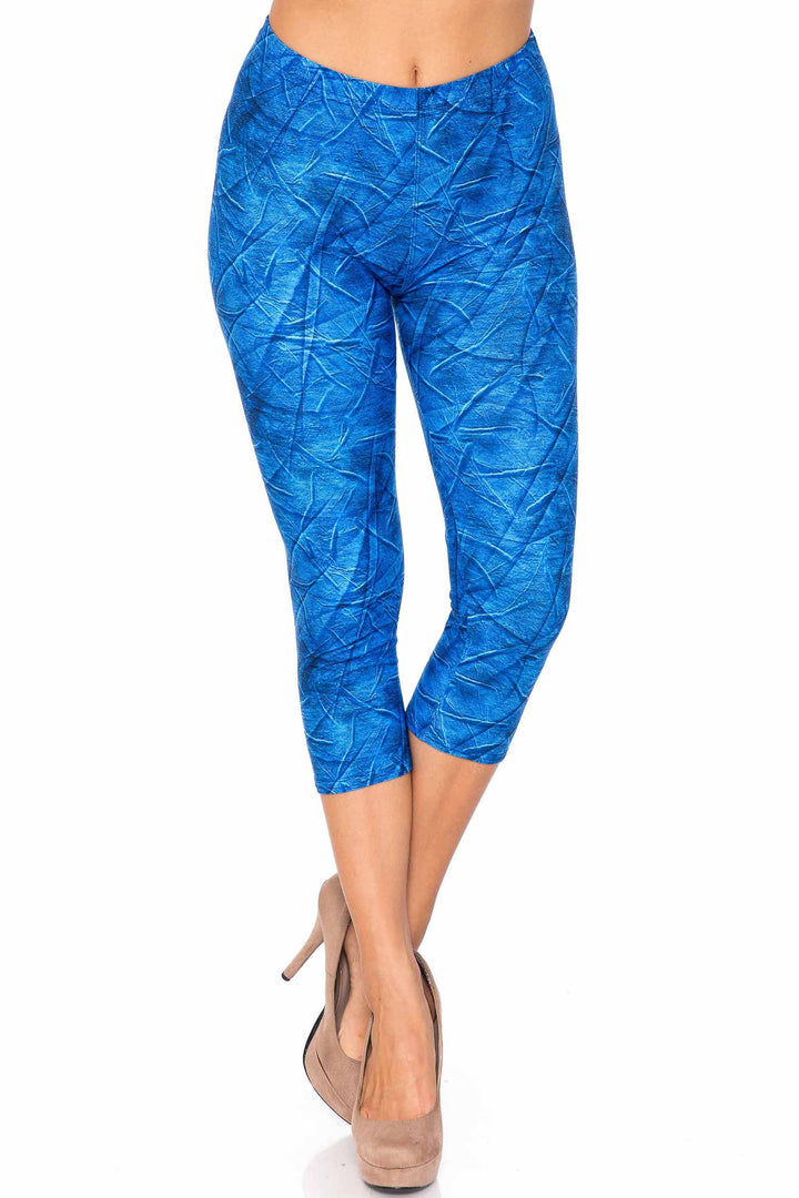 Wholesale Creamy Soft Blue Wrinkled Denim Plus Size Capris - USA Fashion