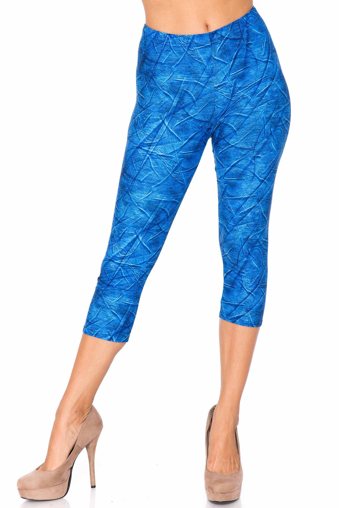 Wholesale Creamy Soft Blue Wrinkled Denim Plus Size Capris - USA Fashion