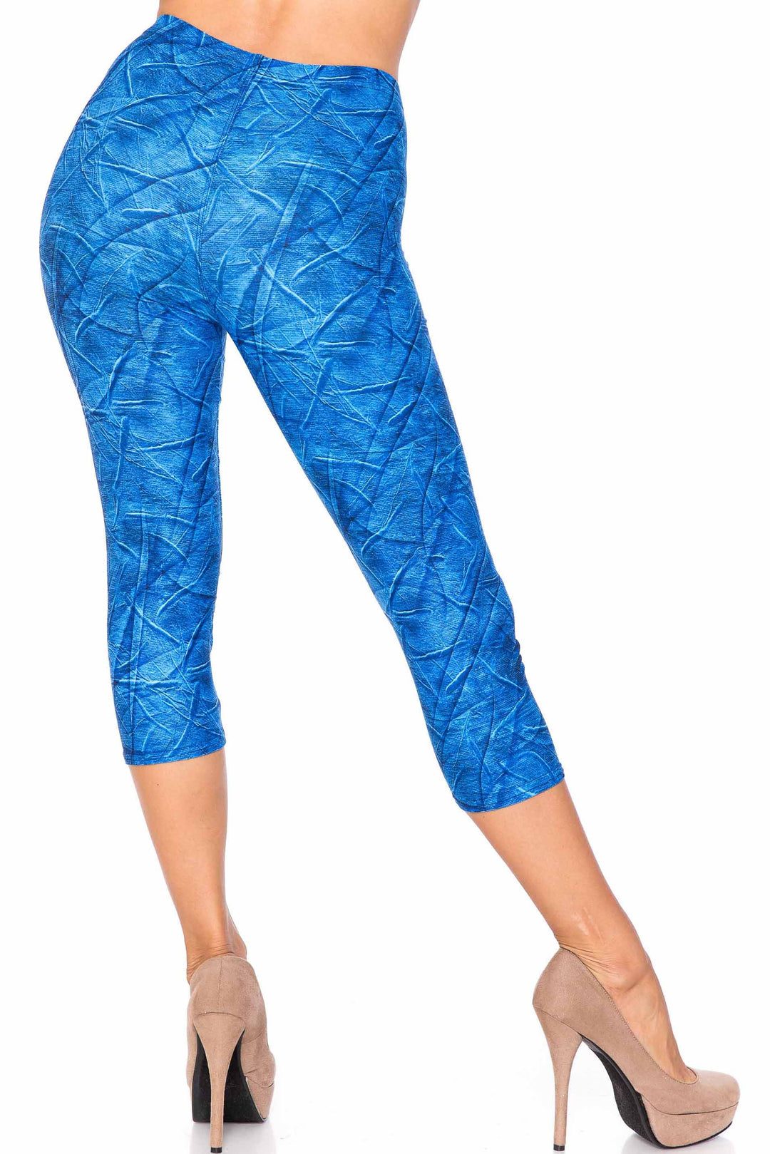 Wholesale Creamy Soft Blue Wrinkled Denim Plus Size Capris - USA Fashion