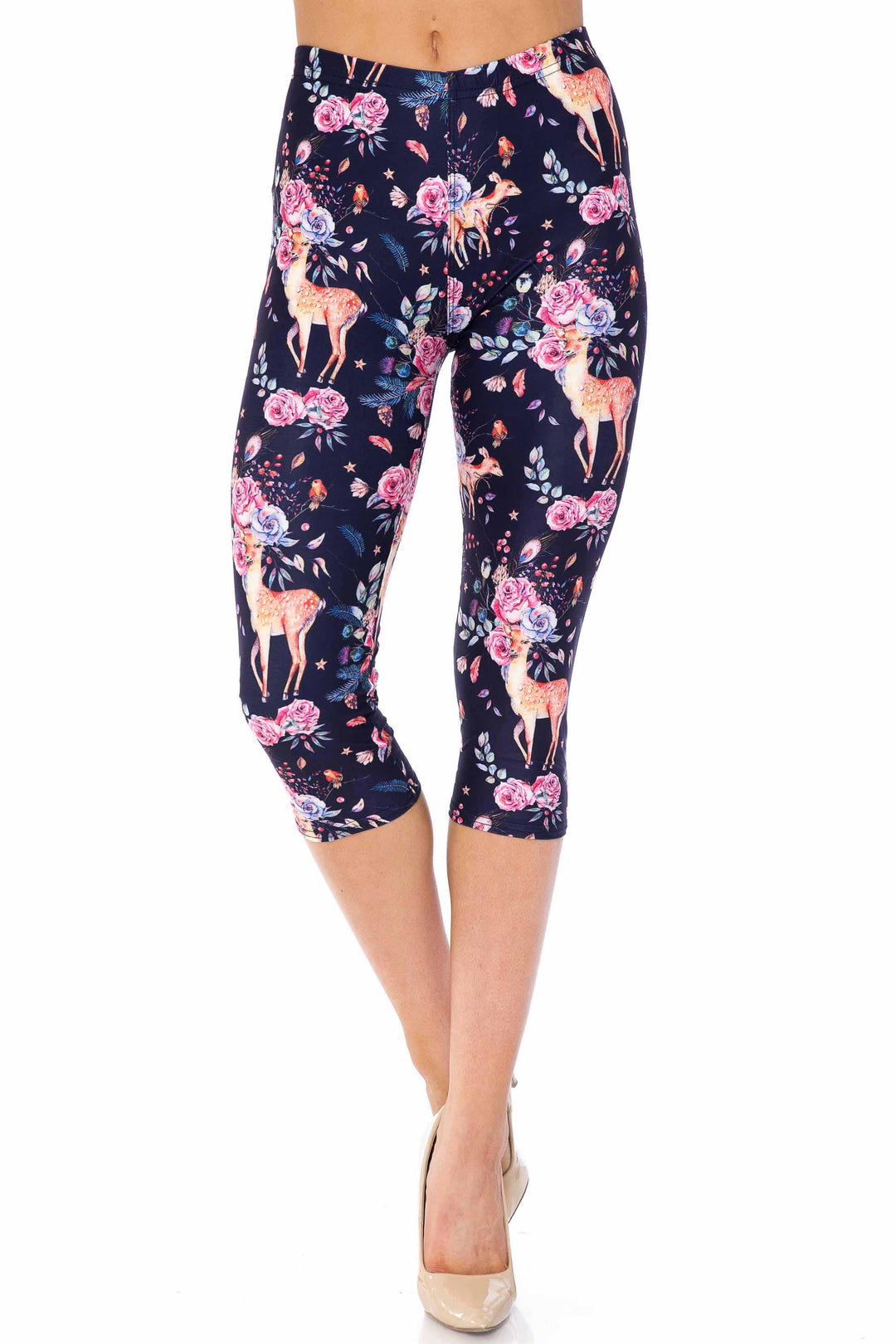 Wholesale Creamy Soft Woodland Floral Fawn Plus Size Capris - USA Fashion