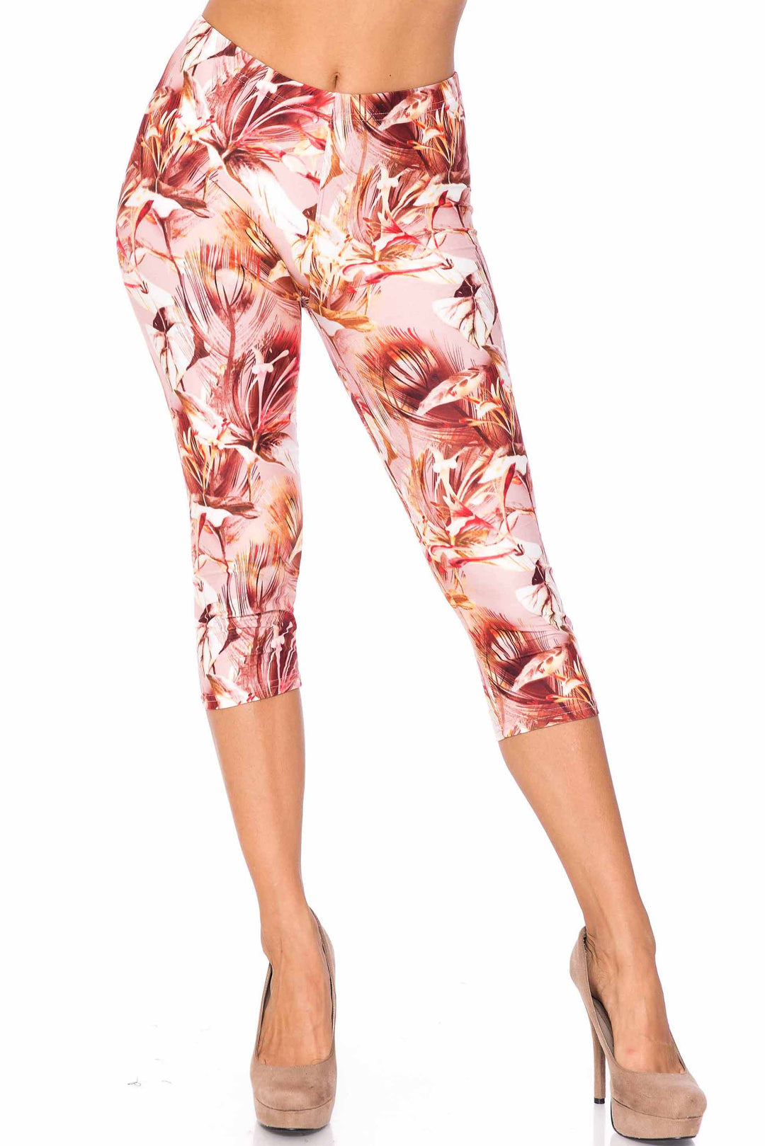 Wholesale Creamy Soft Mocha Floral Plus Size Capris - USA Fashion