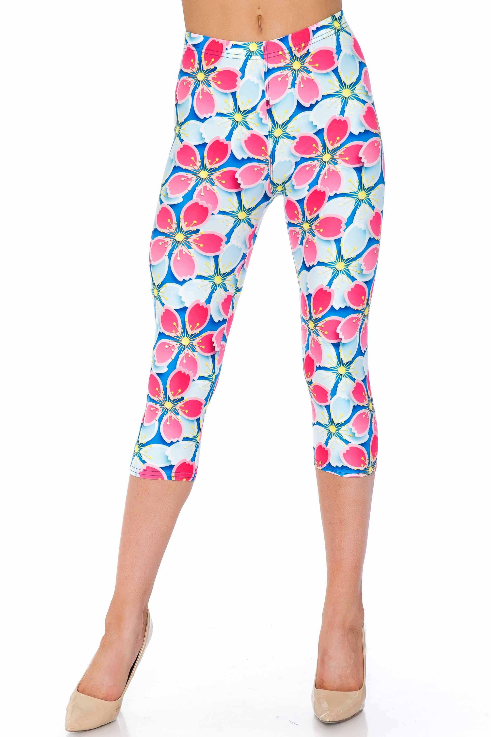 Wholesale Creamy Soft Pink and Blue Sunshine Floral Plus Size Capris - USA Fashion