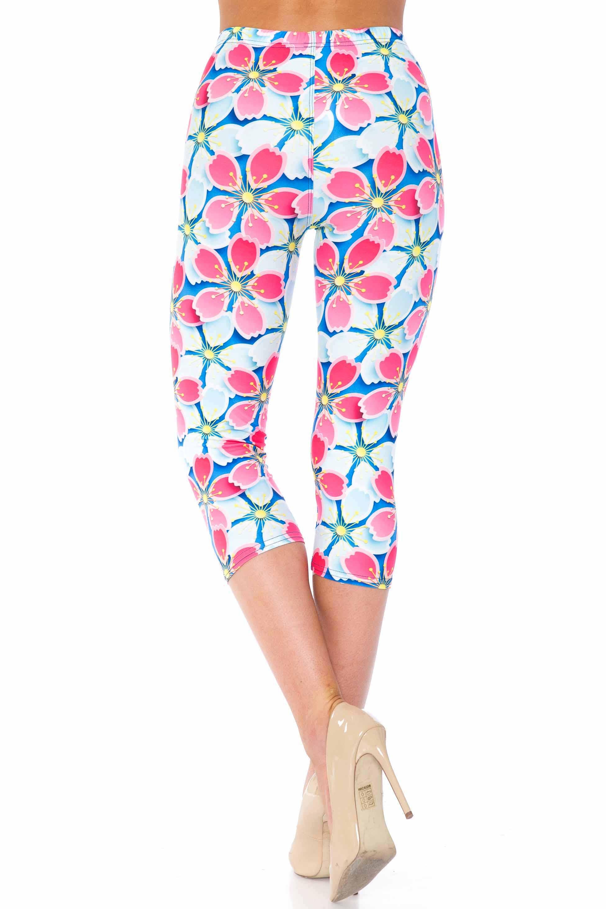 Wholesale Creamy Soft Pink and Blue Sunshine Floral Plus Size Capris - USA Fashion