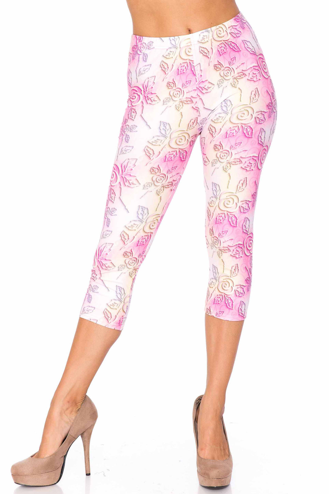 Wholesale Creamy Soft 3D Pastel Ombre Rose Plus Size Capris - USA Fashion