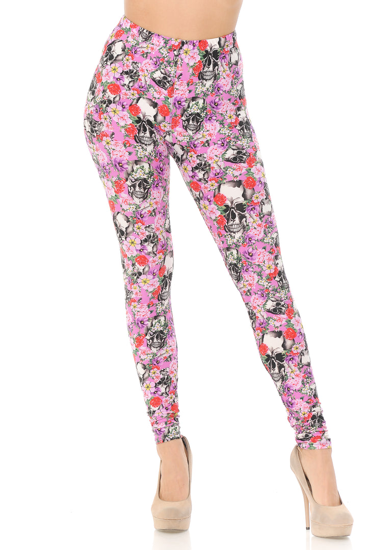 Wholesale Buttery Smooth Pink Blossom Skulls Plus Size Leggings