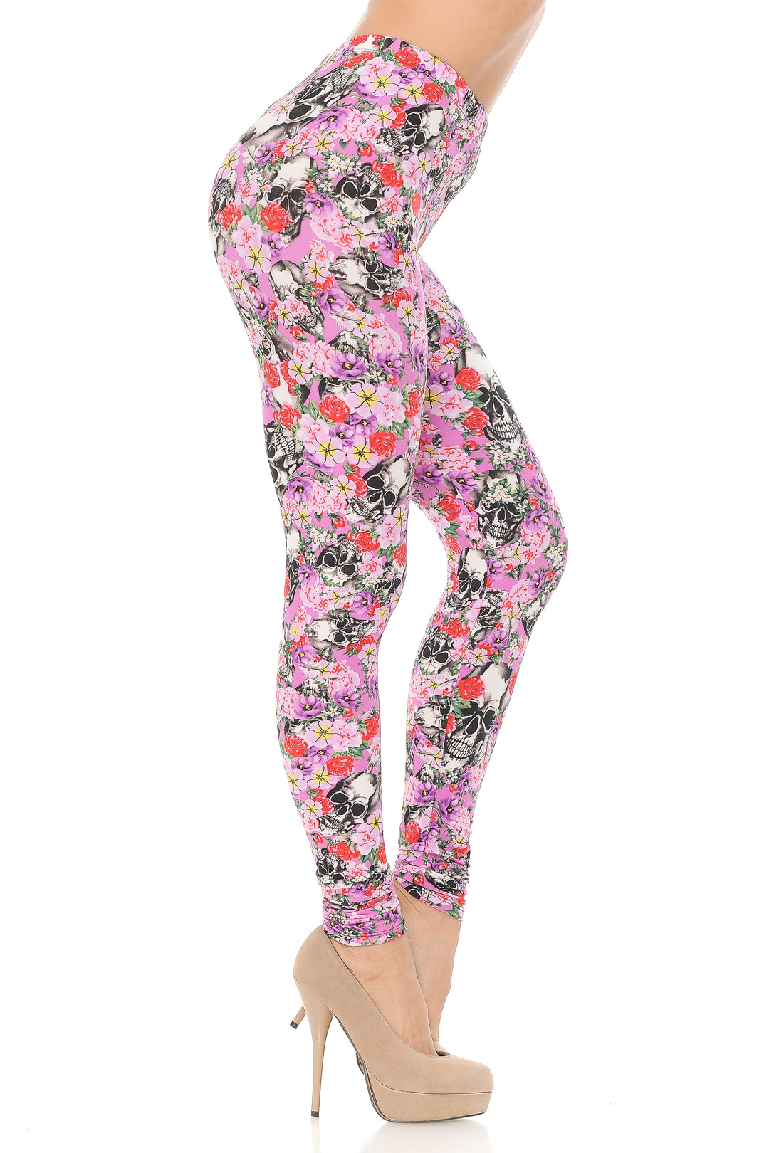 Wholesale Buttery Smooth Pink Blossom Skulls Plus Size Leggings