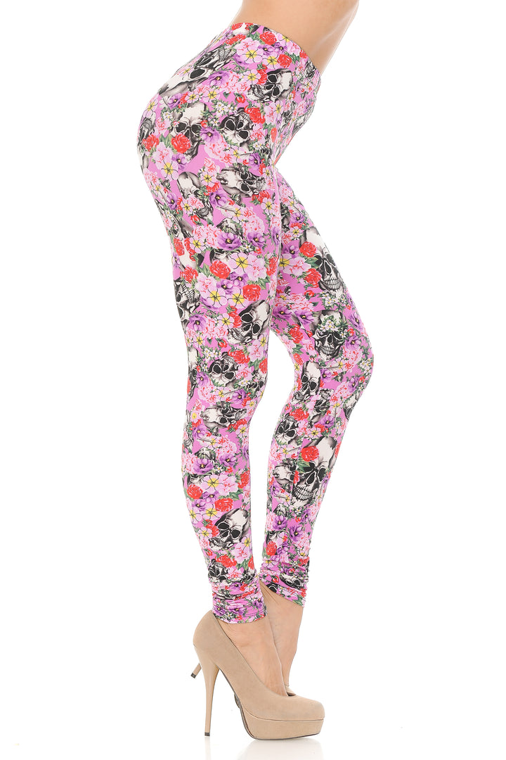 Wholesale Buttery Smooth Pink Blossom Skulls Plus Size Leggings