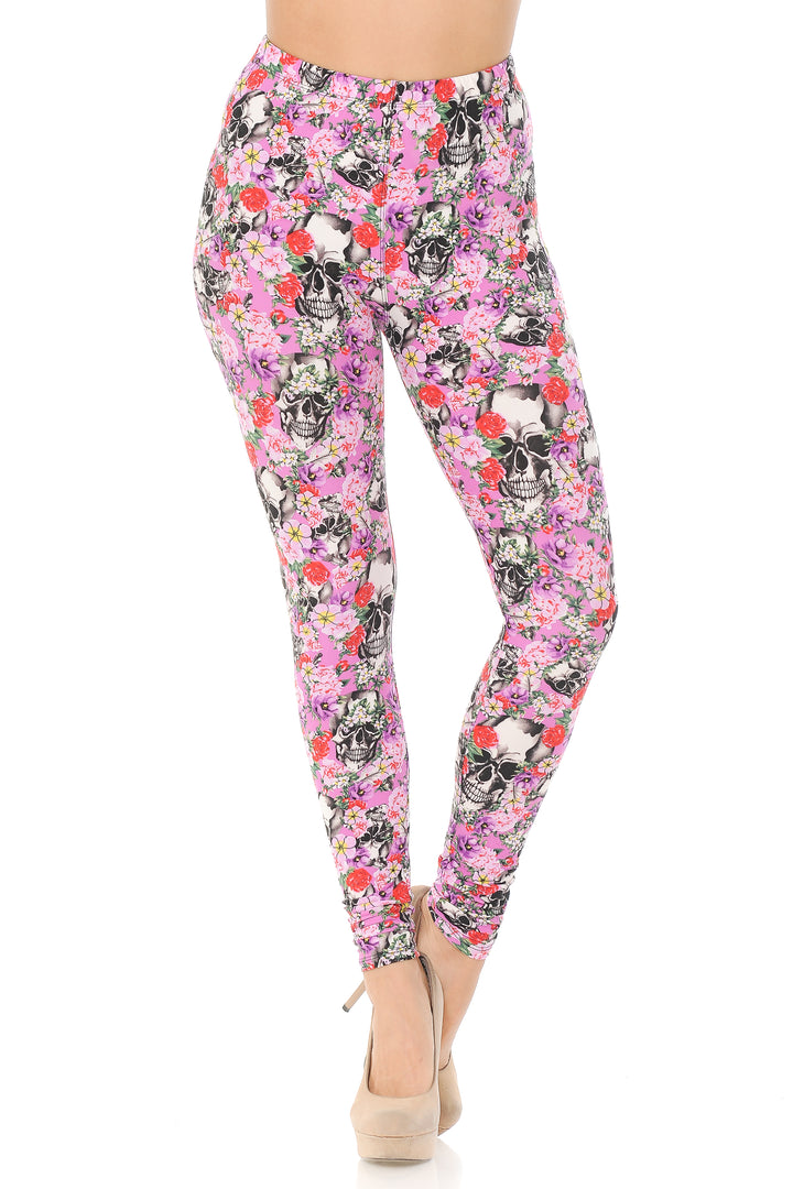 Wholesale Buttery Smooth Pink Blossom Skulls Plus Size Leggings