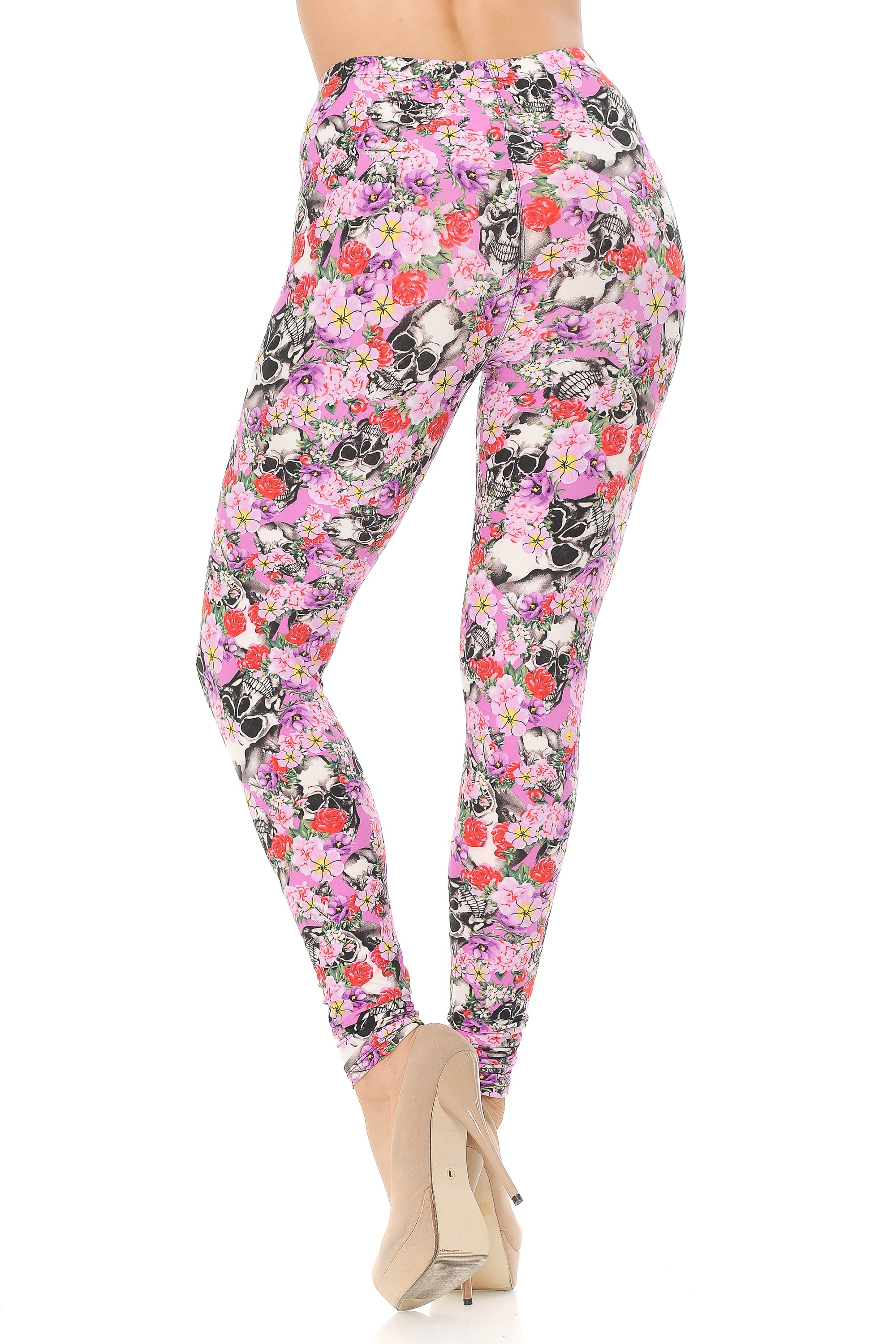 Wholesale Buttery Smooth Pink Blossom Skulls Plus Size Leggings