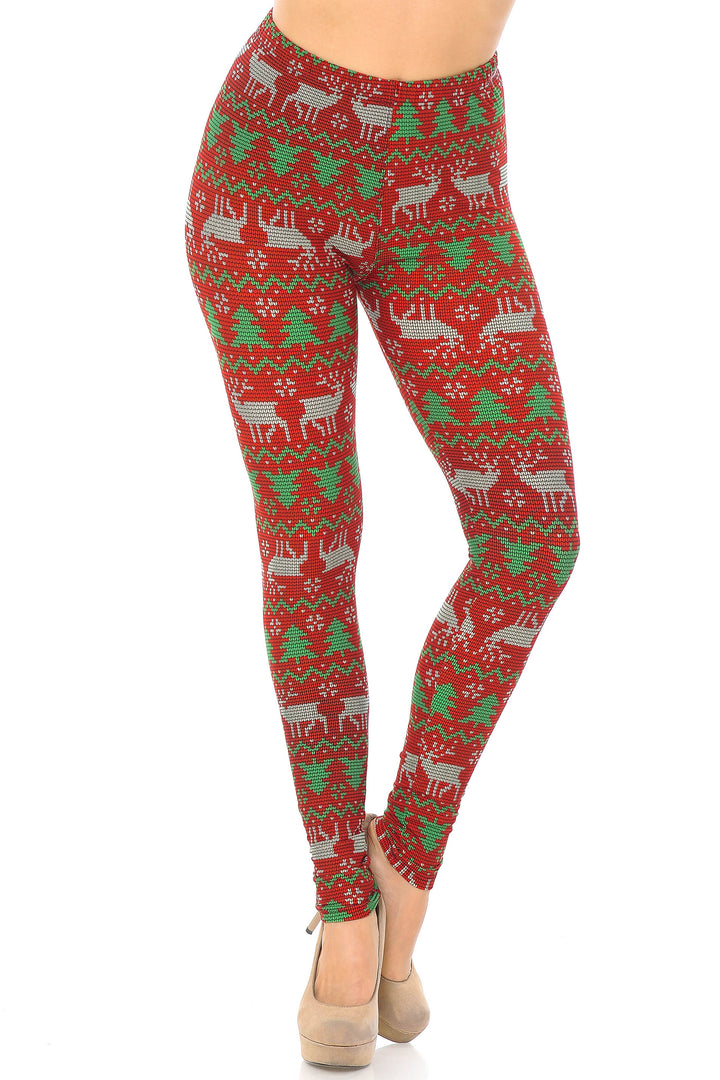 Wholesale Buttery Smooth Faux Knit Reindeer and Holiday Tree Plus Size Leggings
