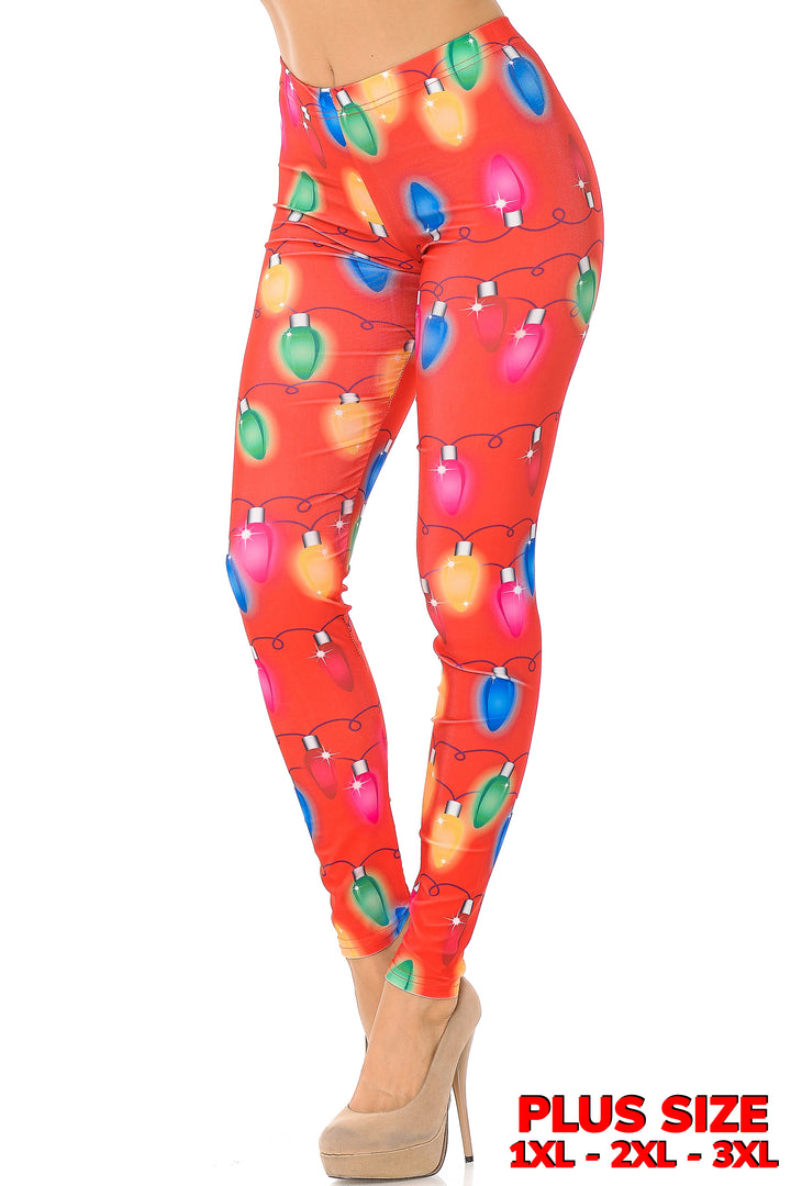 Wholesale Ruby Red Colorful Christmas Lights Plus Size Leggings