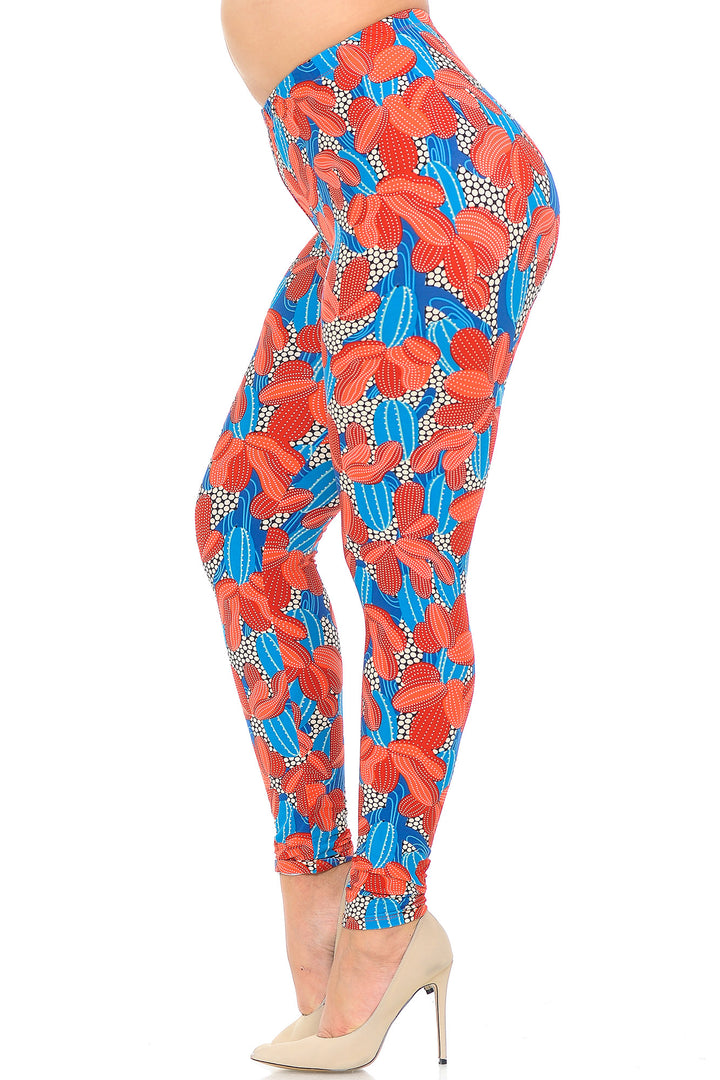 Wholesale Buttery Soft Red and Blue Cactus Plus Size Leggings