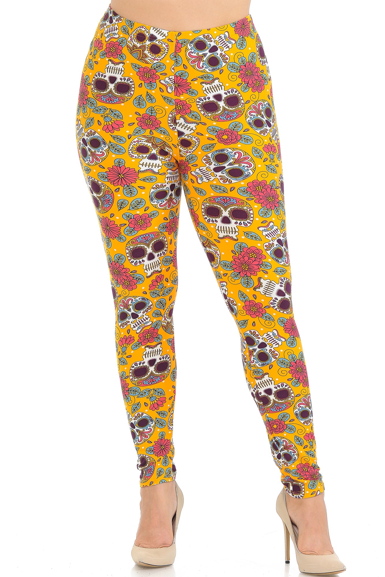 Wholesale Buttery Smooth Mustard Summer Sugar Skull Plus Size Leggings