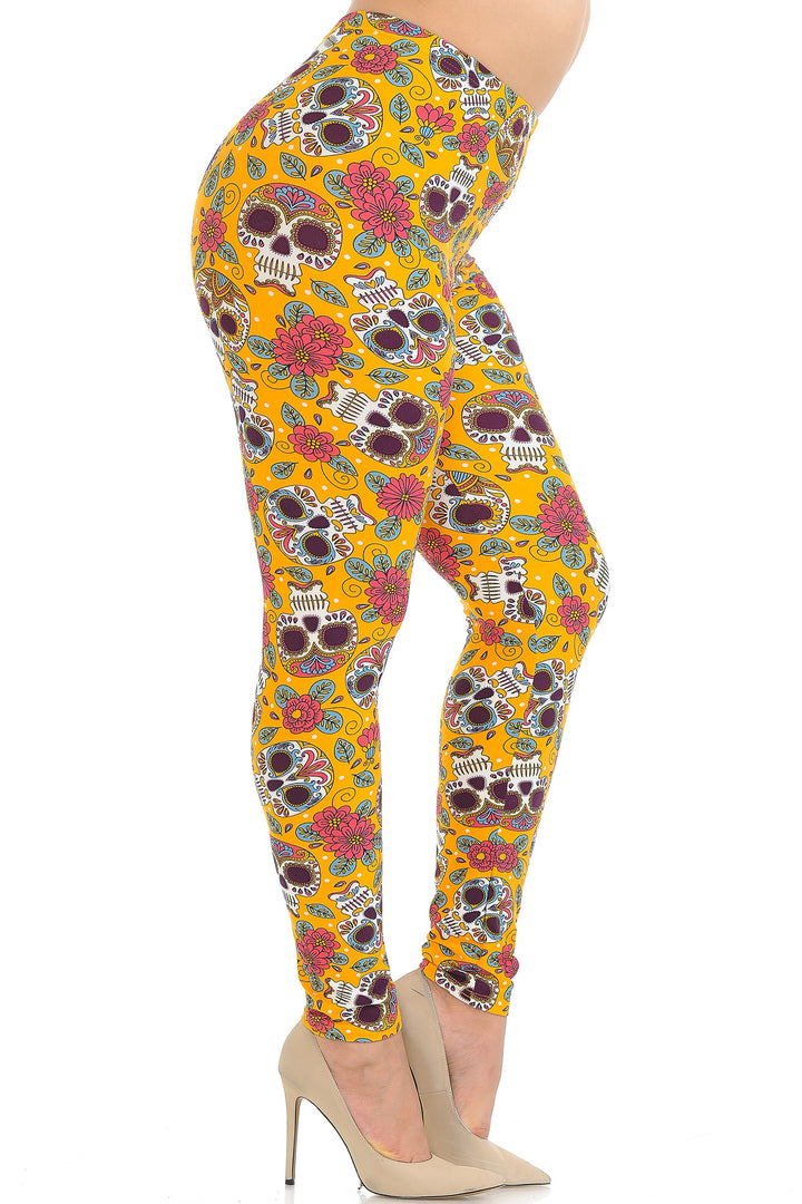 Wholesale Buttery Smooth Mustard Summer Sugar Skull Plus Size Leggings