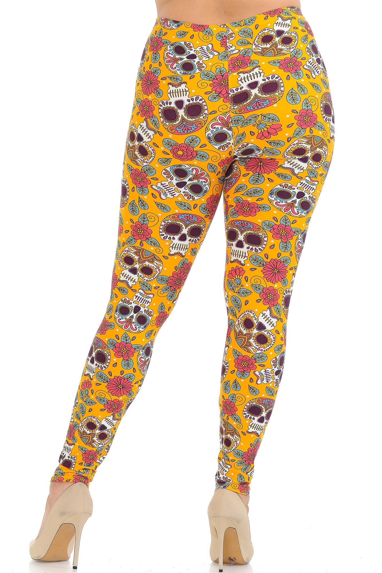 Wholesale Buttery Smooth Mustard Summer Sugar Skull Plus Size Leggings
