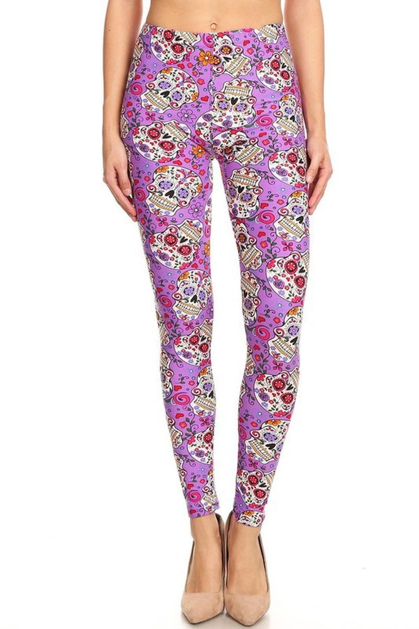 Wholesale Buttery Smooth Purple Sugar Skull Plus Size Leggings