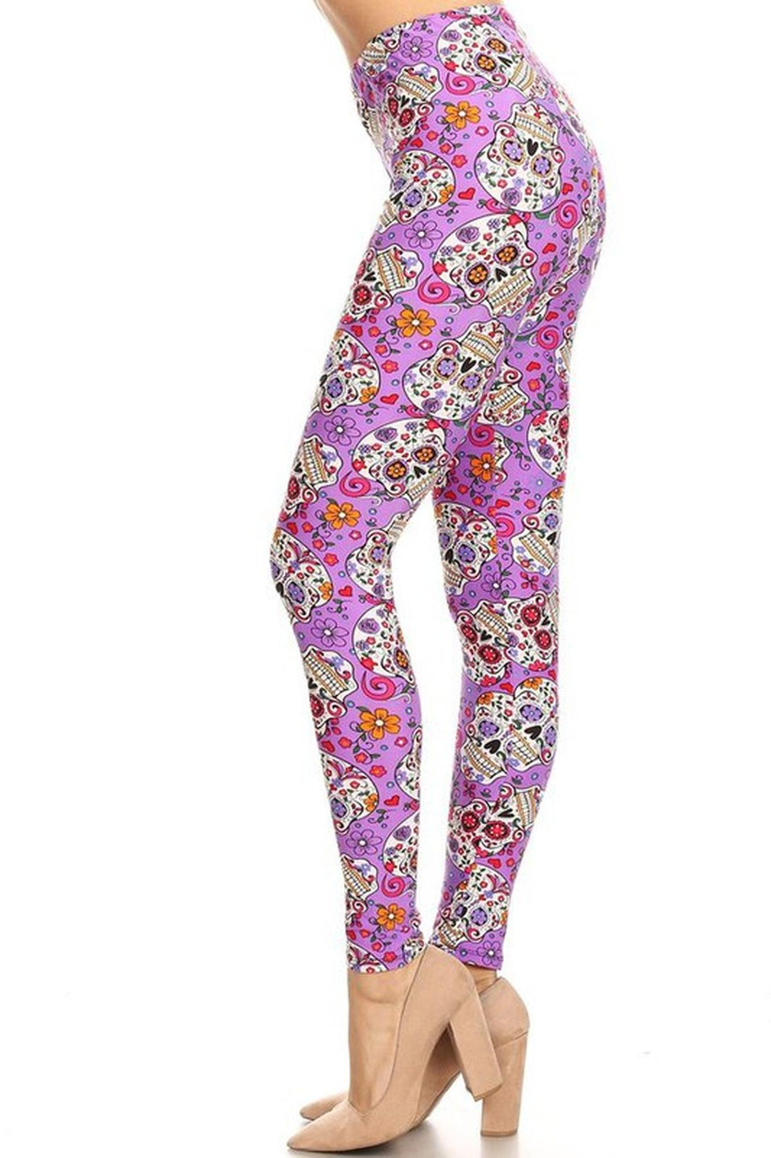 Wholesale Buttery Smooth Purple Sugar Skull Plus Size Leggings