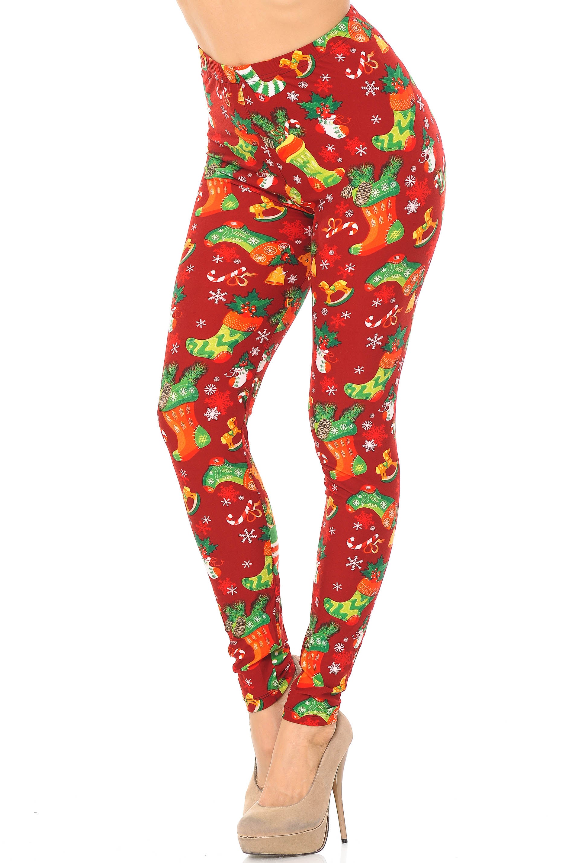 Wholesale Buttery Smooth Ruby Red Christmas Stocking Plus Size Leggings