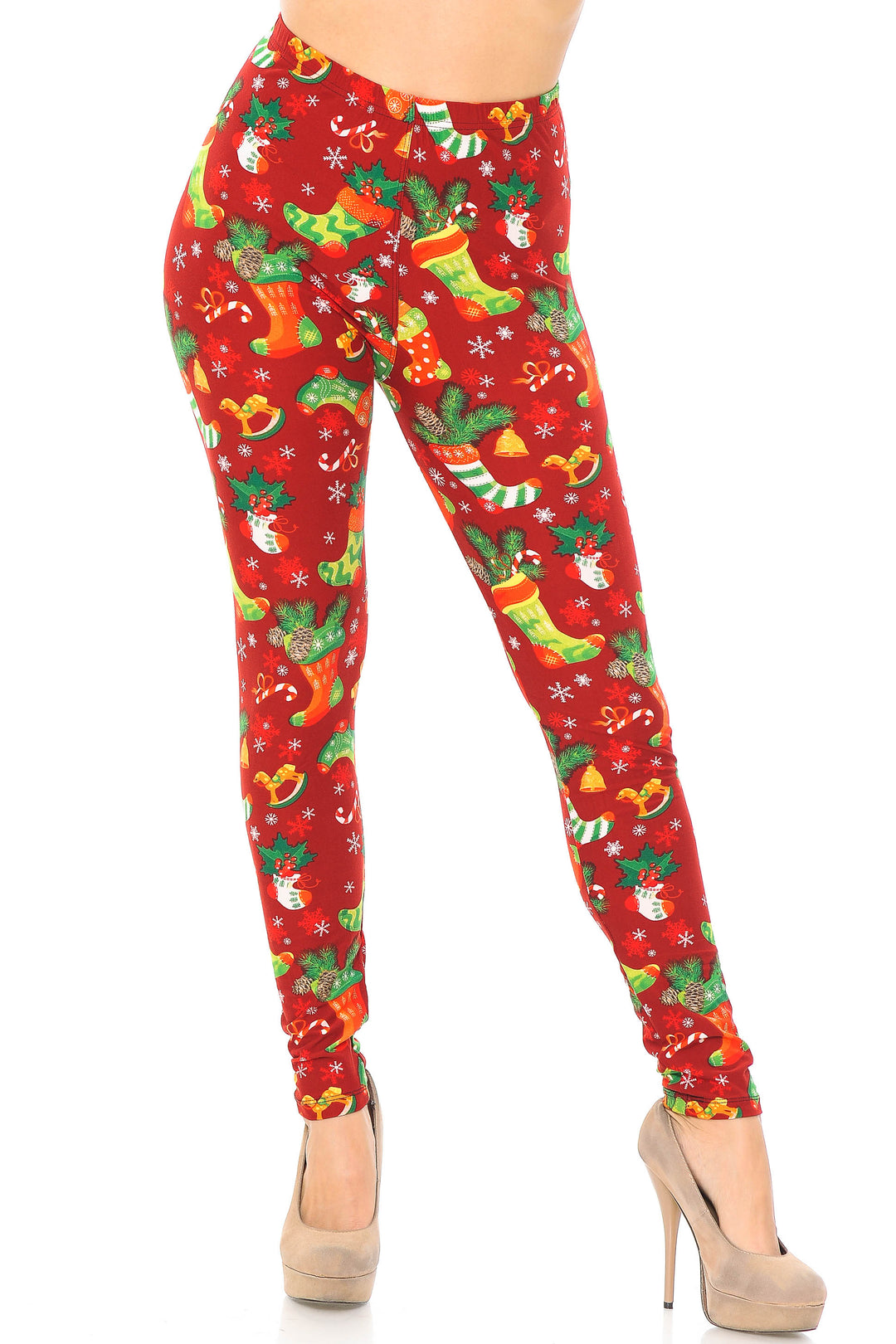 Wholesale Buttery Smooth Ruby Red Christmas Stocking Plus Size Leggings