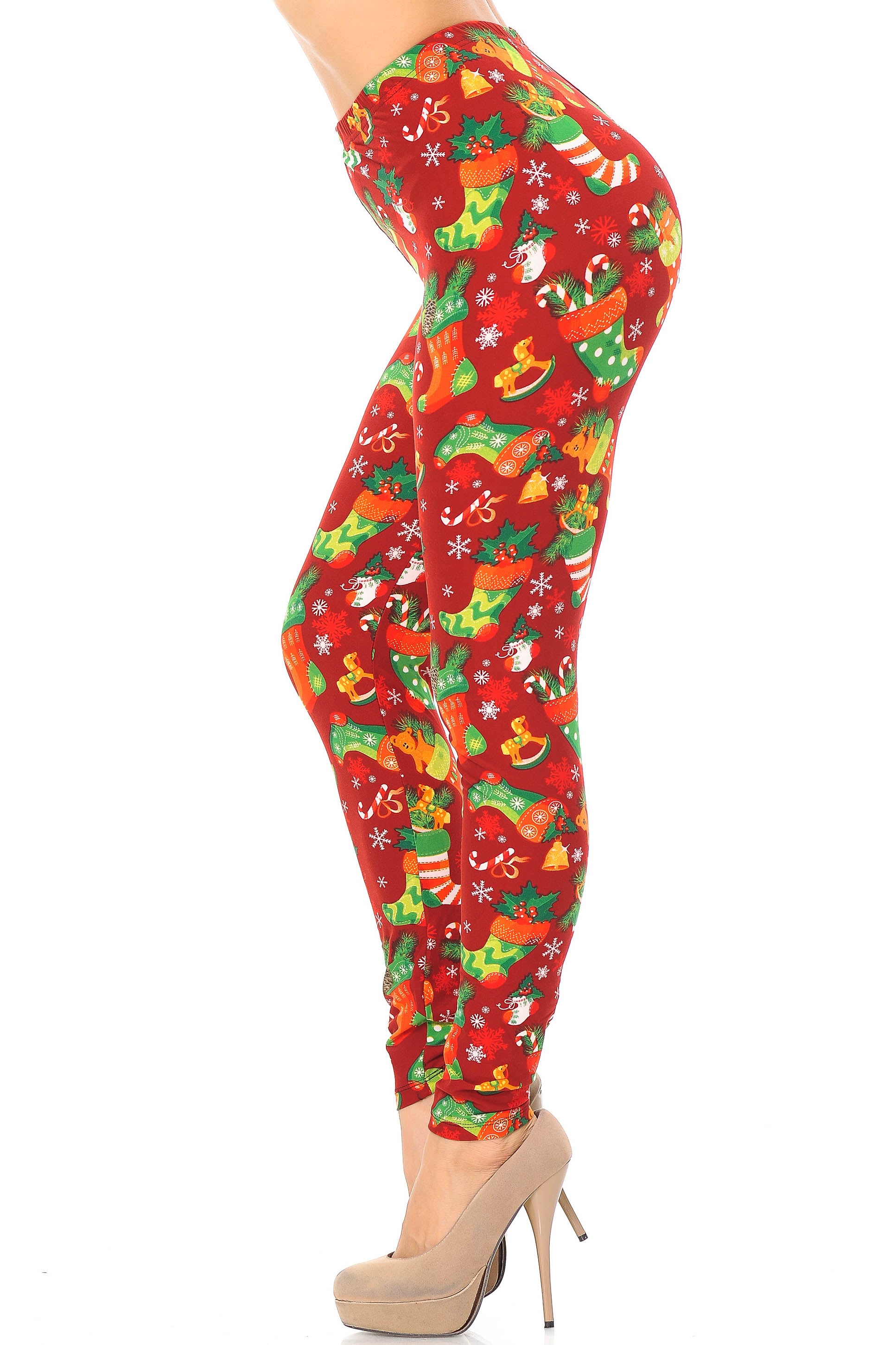 Wholesale Buttery Smooth Ruby Red Christmas Stocking Plus Size Leggings