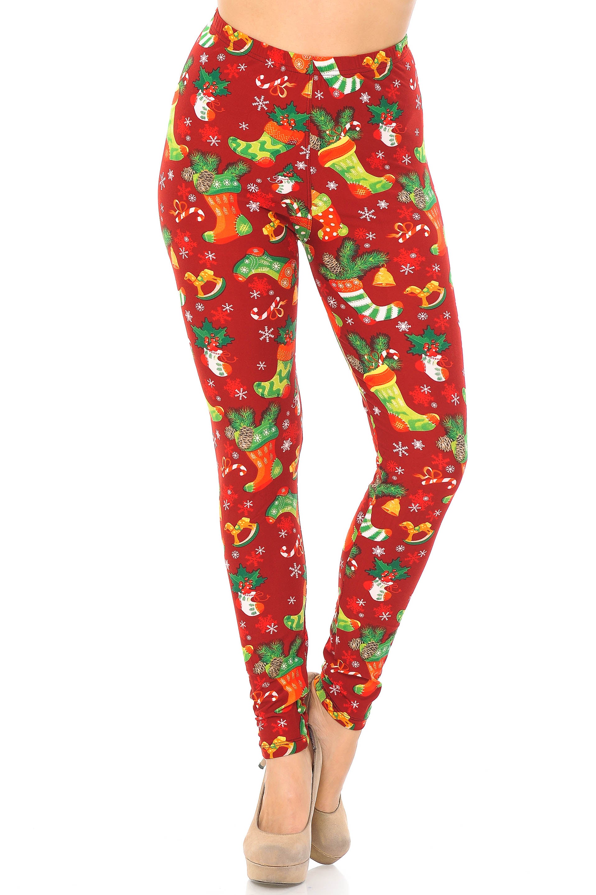 Wholesale Buttery Smooth Ruby Red Christmas Stocking Plus Size Leggings