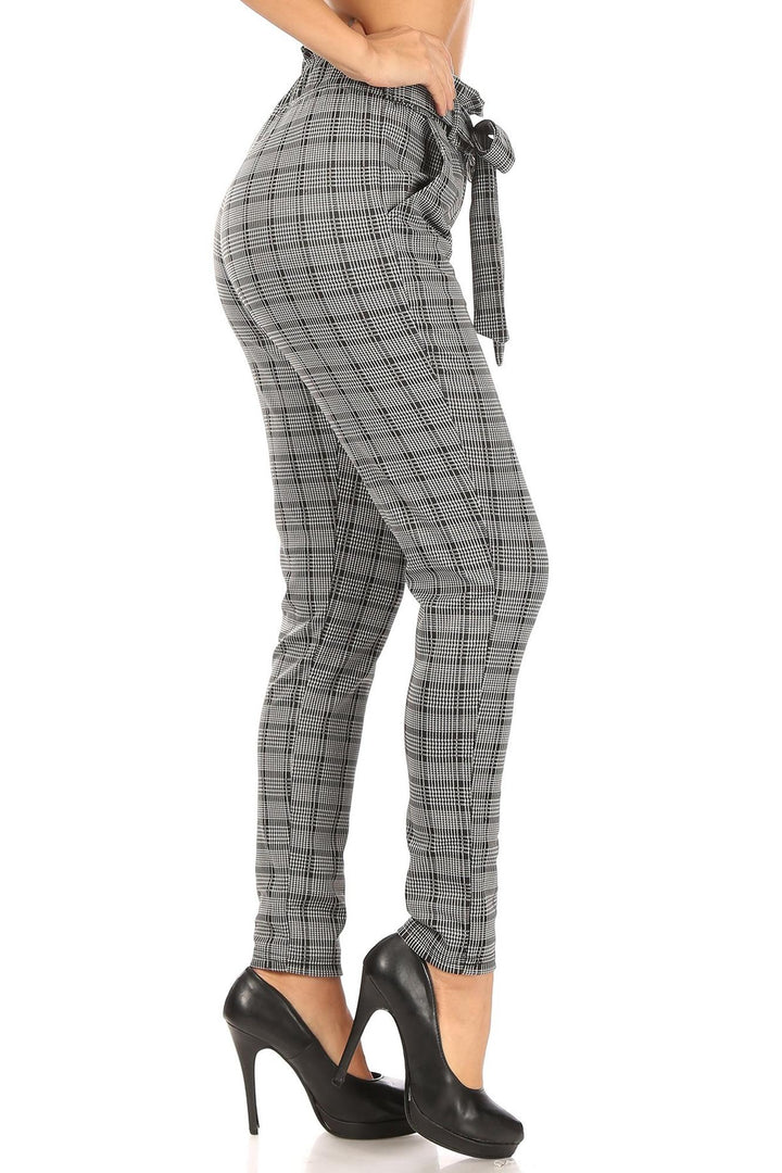 Wholesale Glen Plaid High Waisted Paper Bag Tie Front Pants