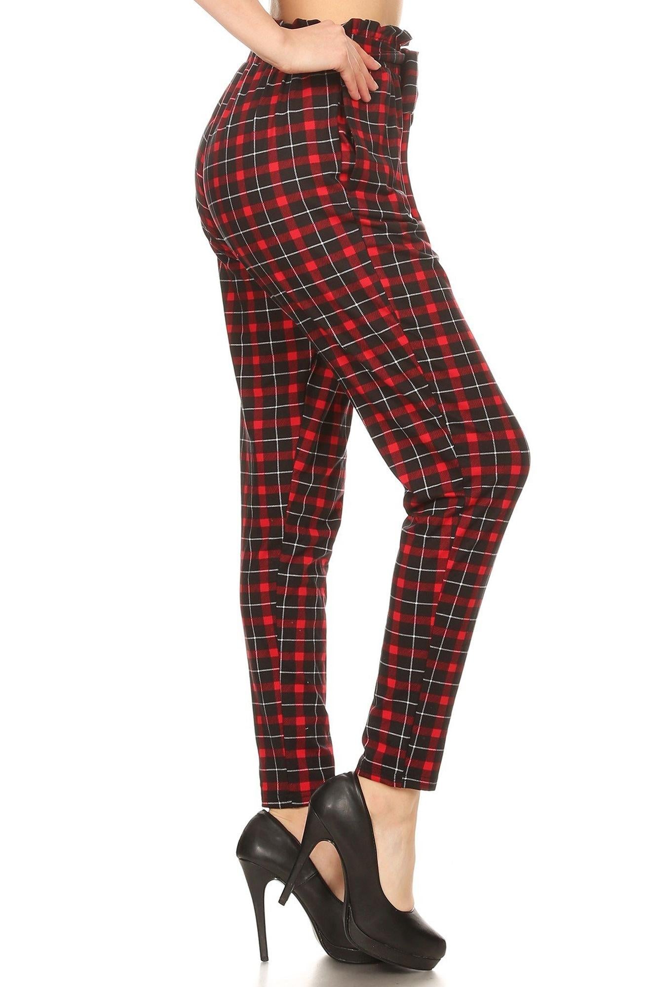 Wholesale Red Plaid High Waisted Paper Bag Tie Front Pants