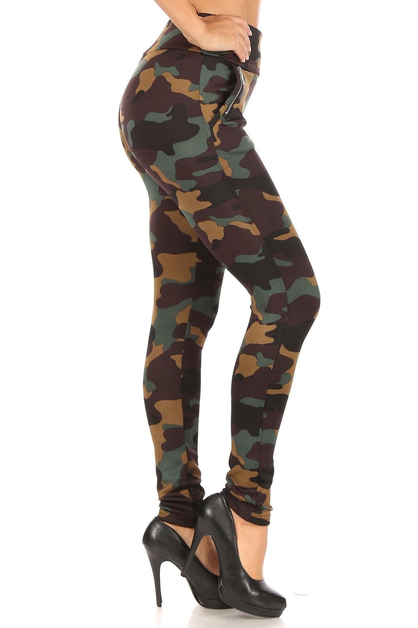 Wholesale Brown Camouflage High Waisted Treggings with Zipper Accent Pockets