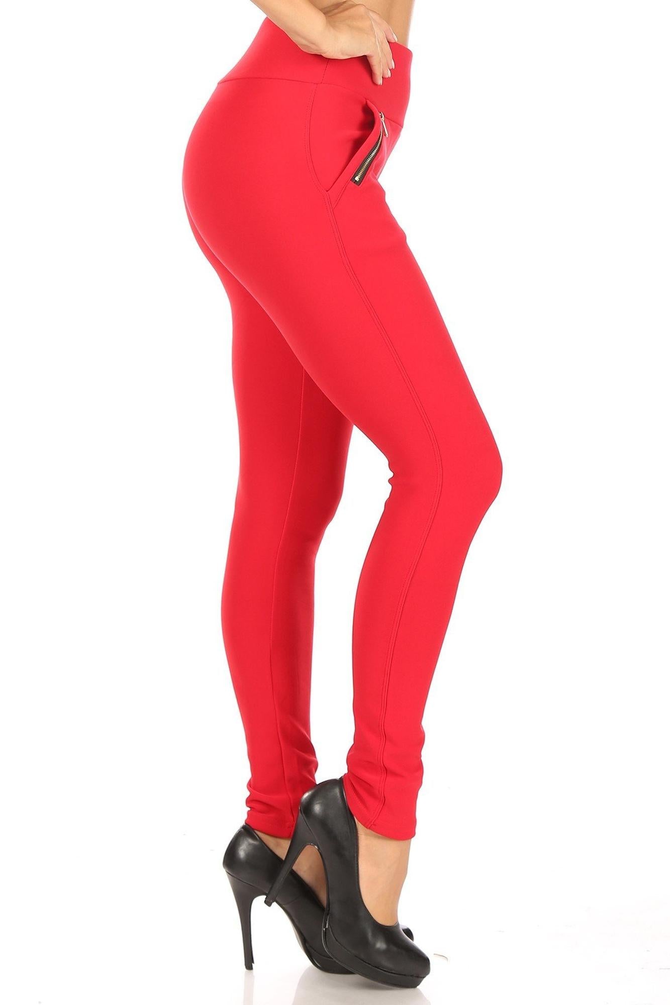 Wholesale Red High Waisted Treggings with Zipper Accent Pockets