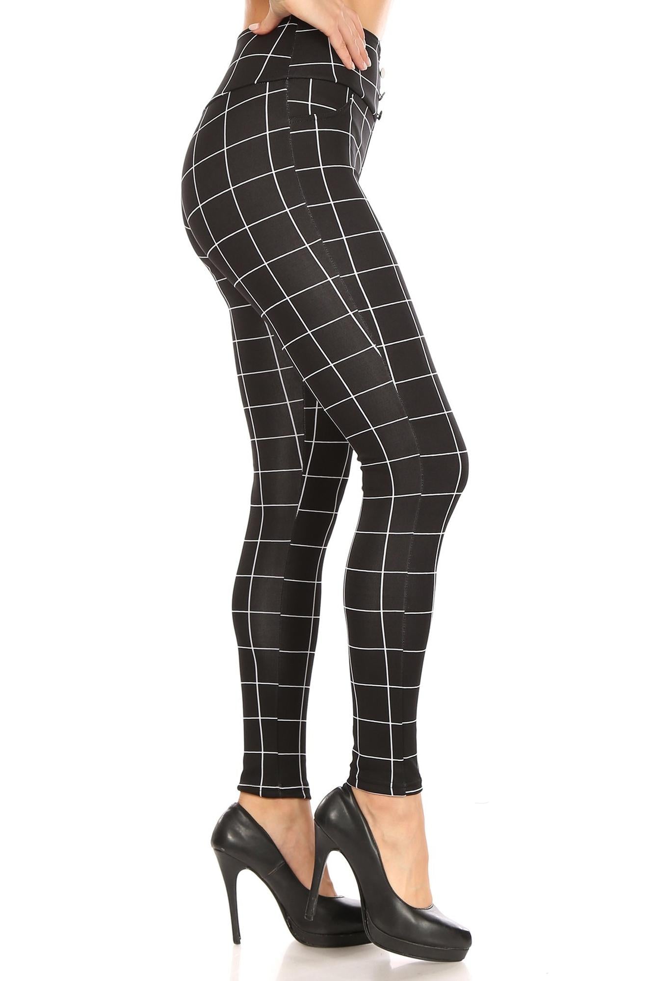 Wholesale Black and White Grid Print High Waisted Treggings with Button Front