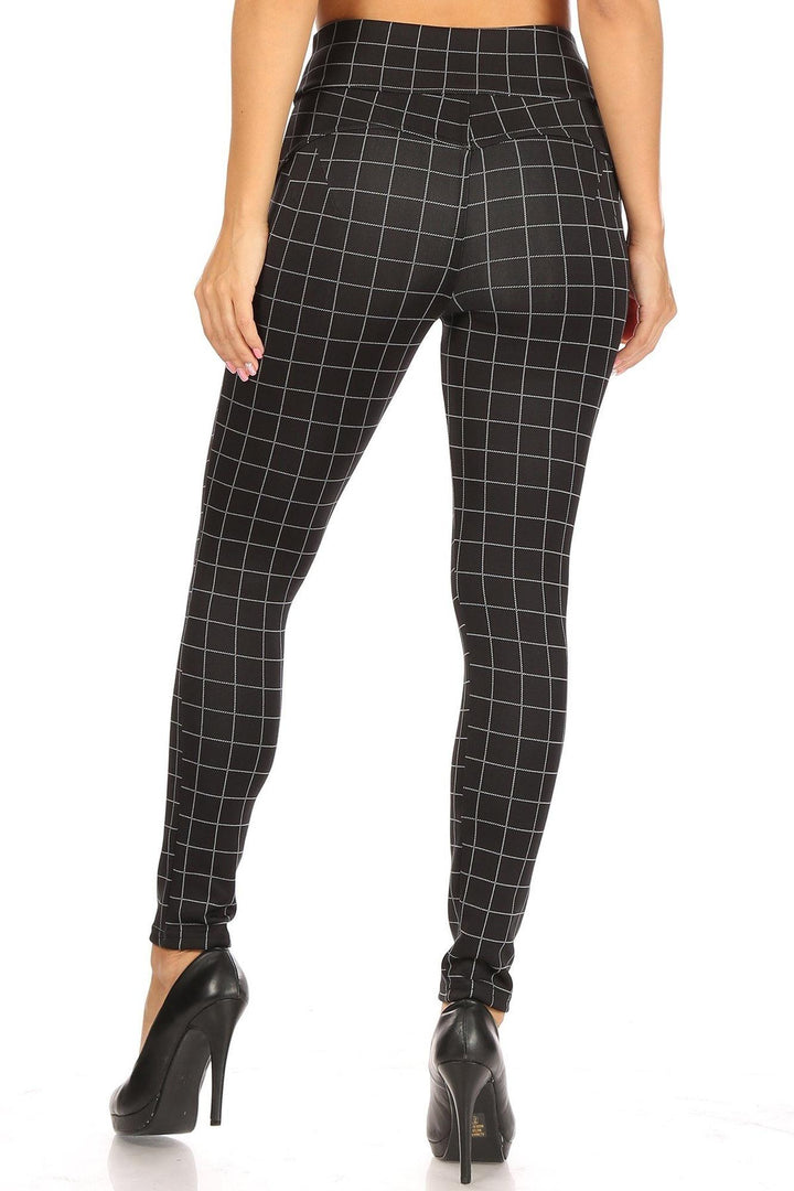 Wholesale Black and White Grid Print High Waisted Body Sculpting Treggings with Pockets