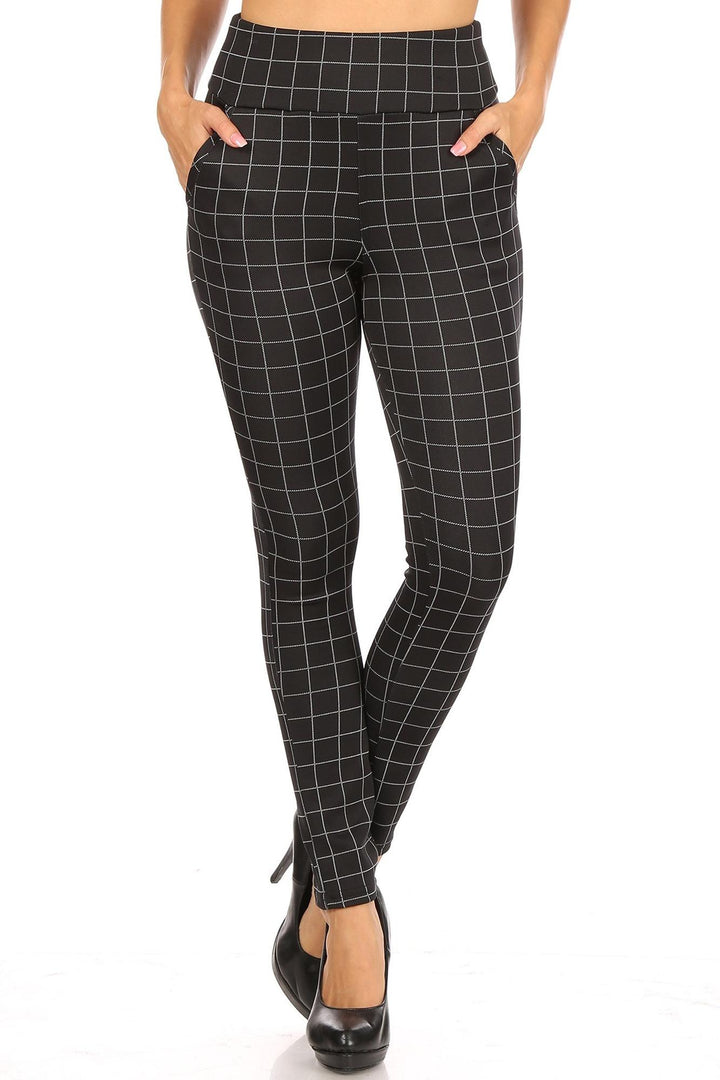 Wholesale Black and White Grid Print High Waisted Body Sculpting Treggings with Pockets