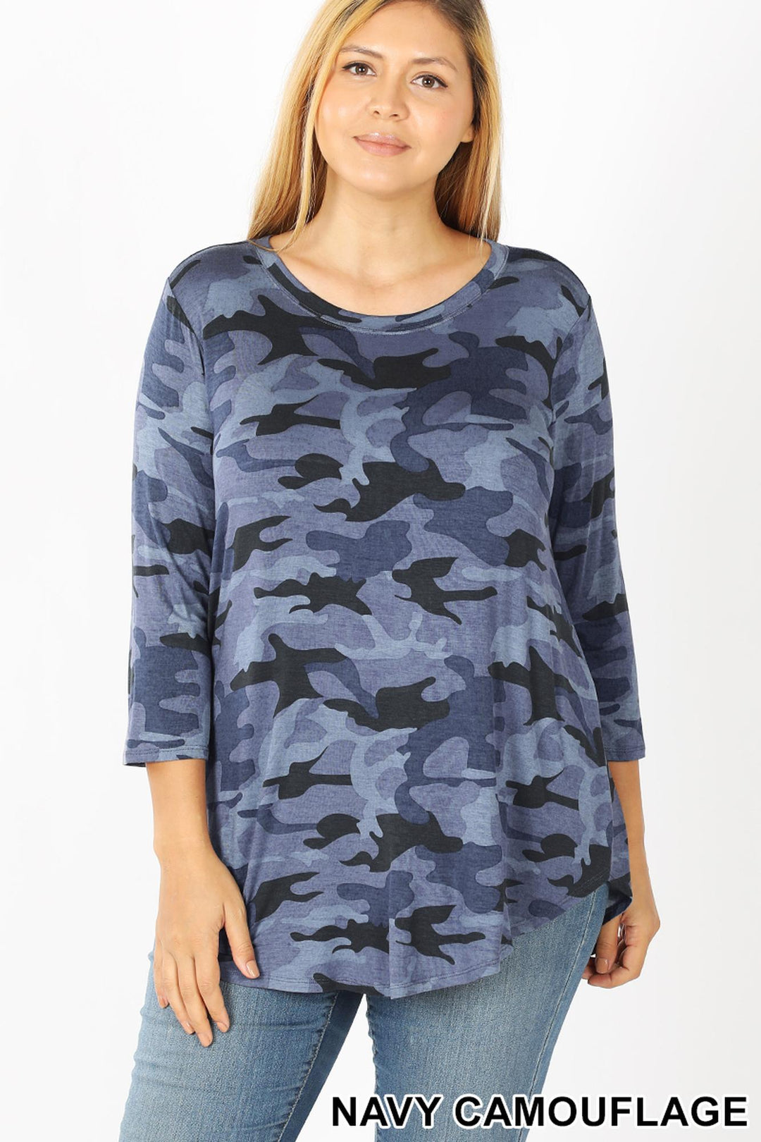Wholesale Rayon Camouflage 3/4 Sleeve Round Neck & Hem Plus Size Top