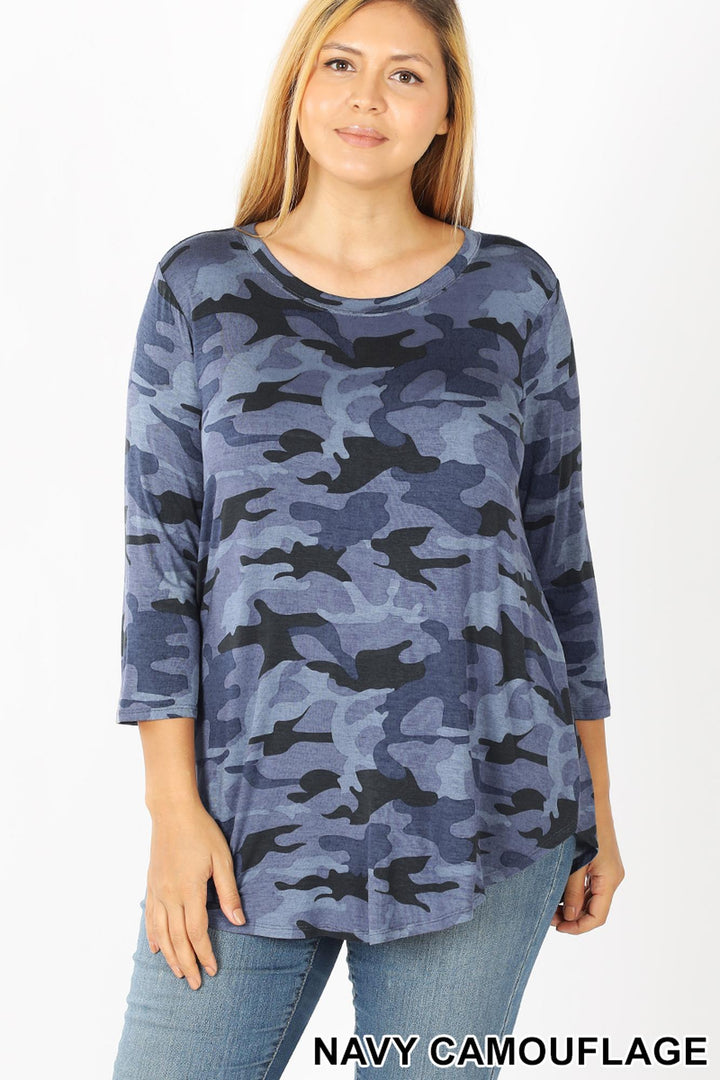 Wholesale Rayon Camouflage 3/4 Sleeve Round Neck & Hem Plus Size Top