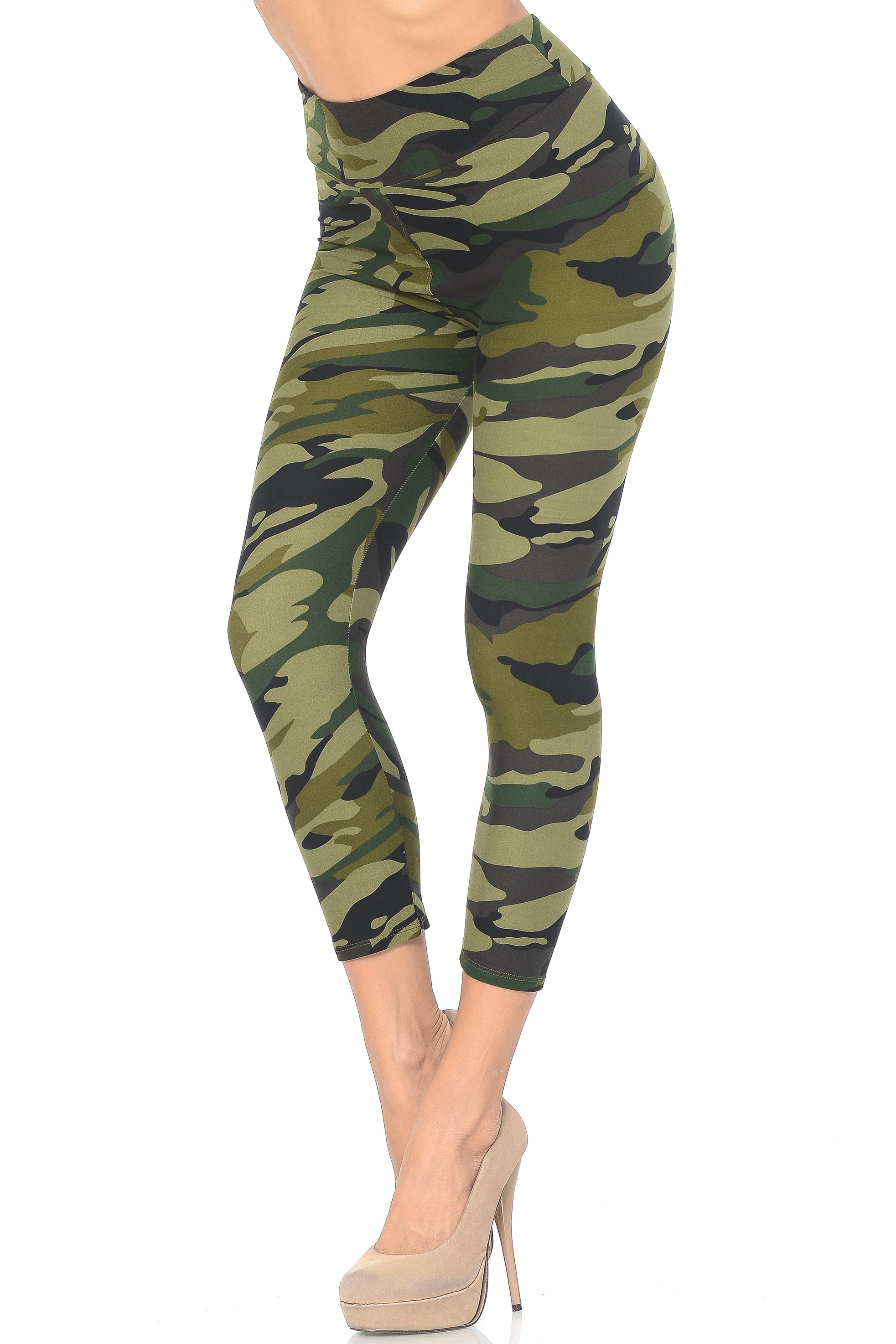 Wholesale Buttery Smooth Green Camouflage High Waisted Plus Size Capri - EEVEE