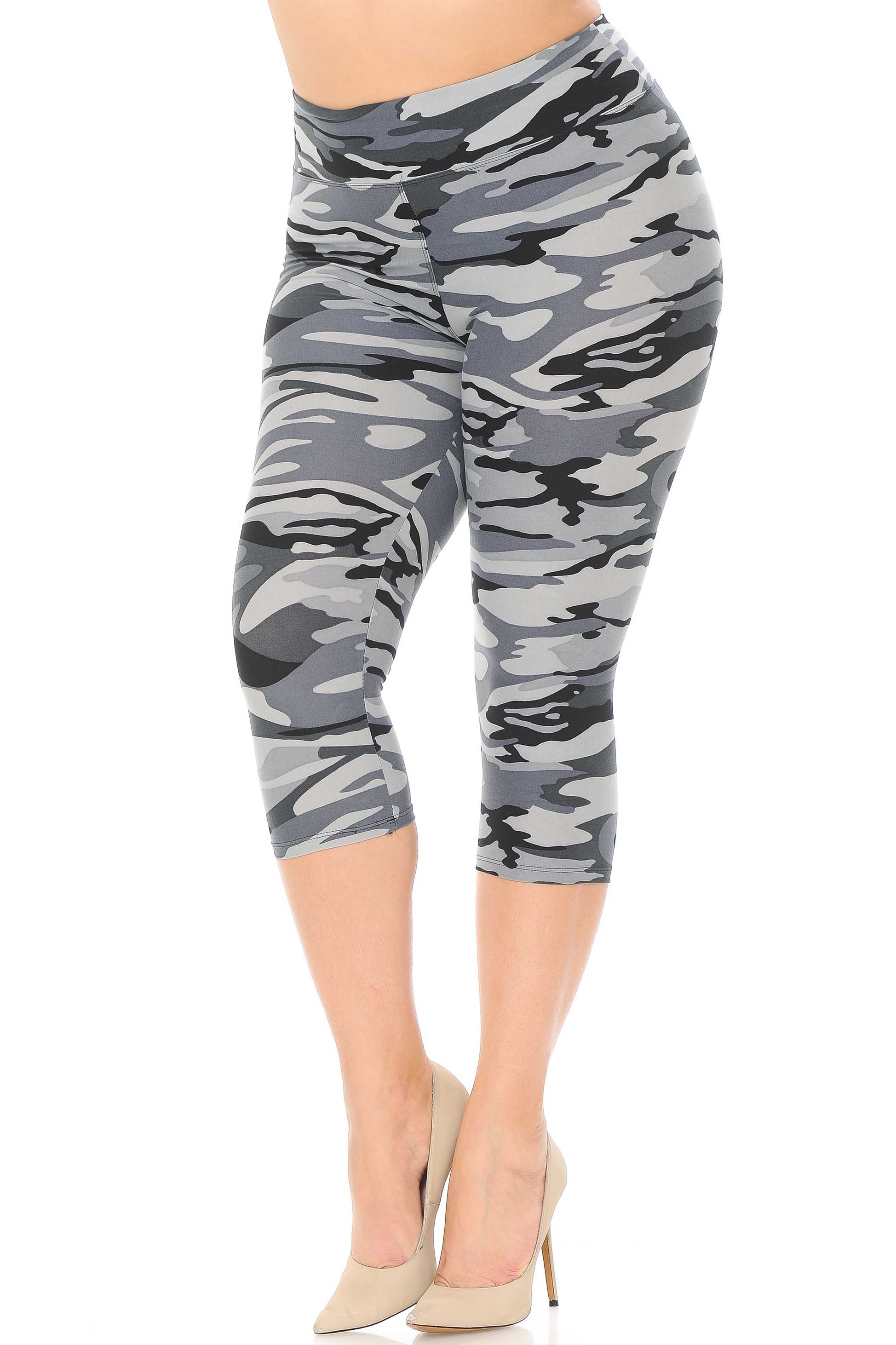 Wholesale Buttery Smooth Charcoal Camouflage High Waist Plus Size  Capris - 3 Inch