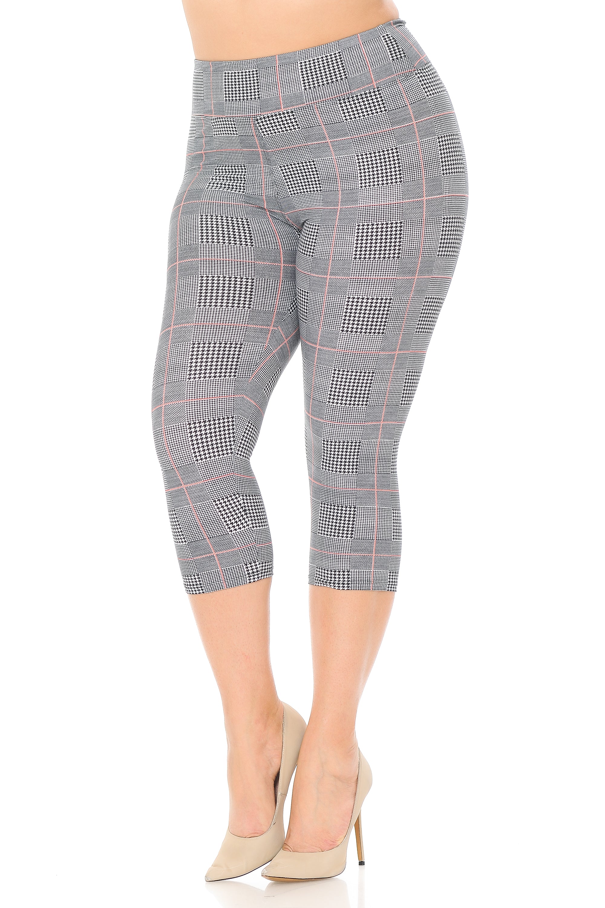 Wholesale Buttery Smooth Coral Accent Textured Houndstooth High Waist Plus Size Capris - 3 Inch