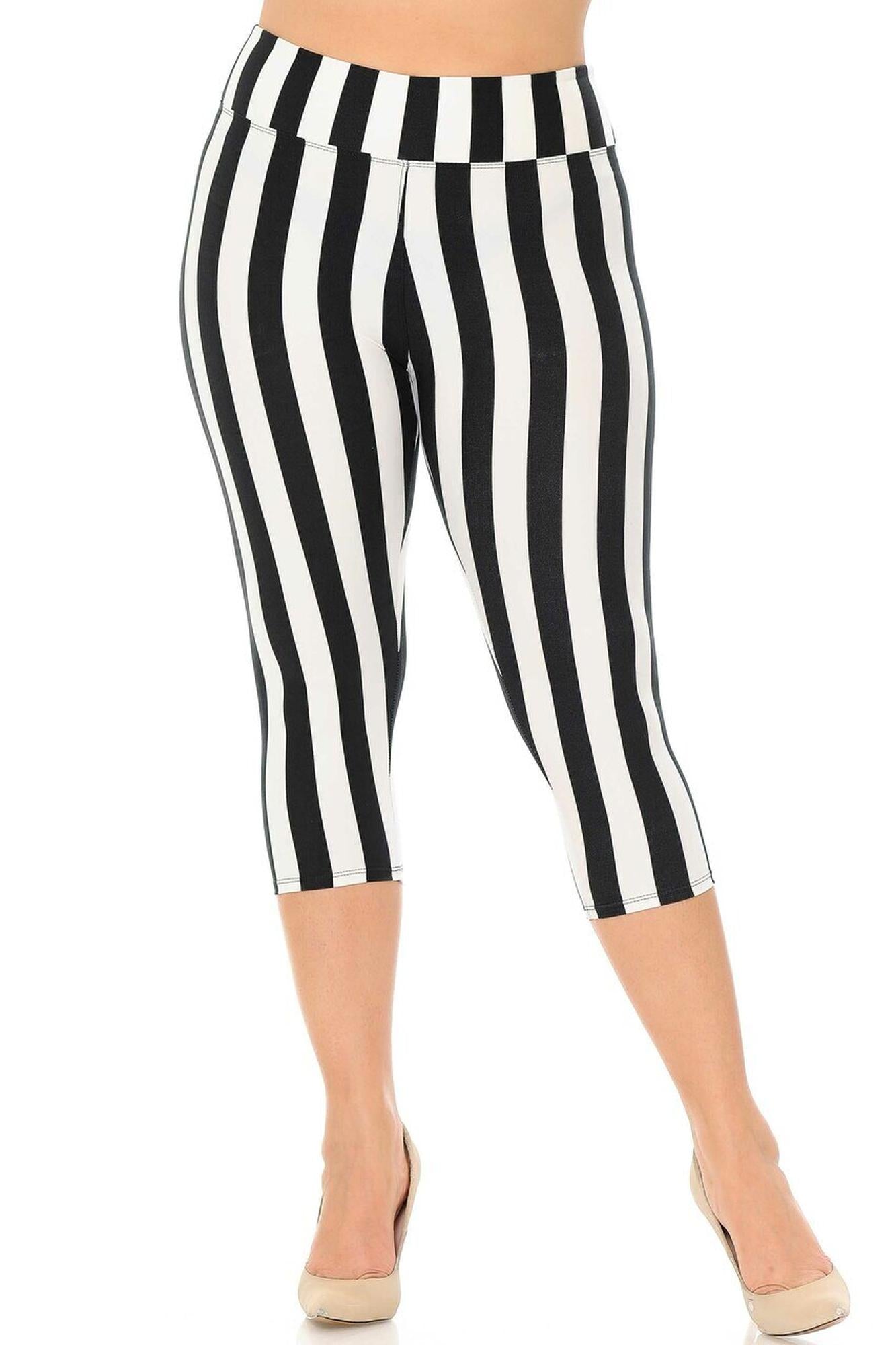 Wholesale Buttery Smooth Vertical Wide Stripe High Waisted Plus Size Capris - 3 Inches