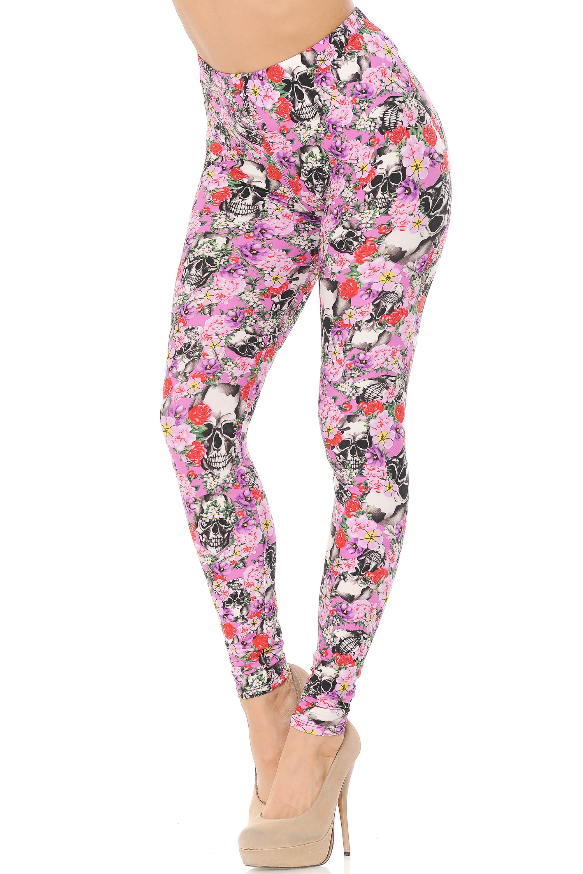 Wholesale Buttery Smooth Pink Blossom Skulls Plus Size Leggings