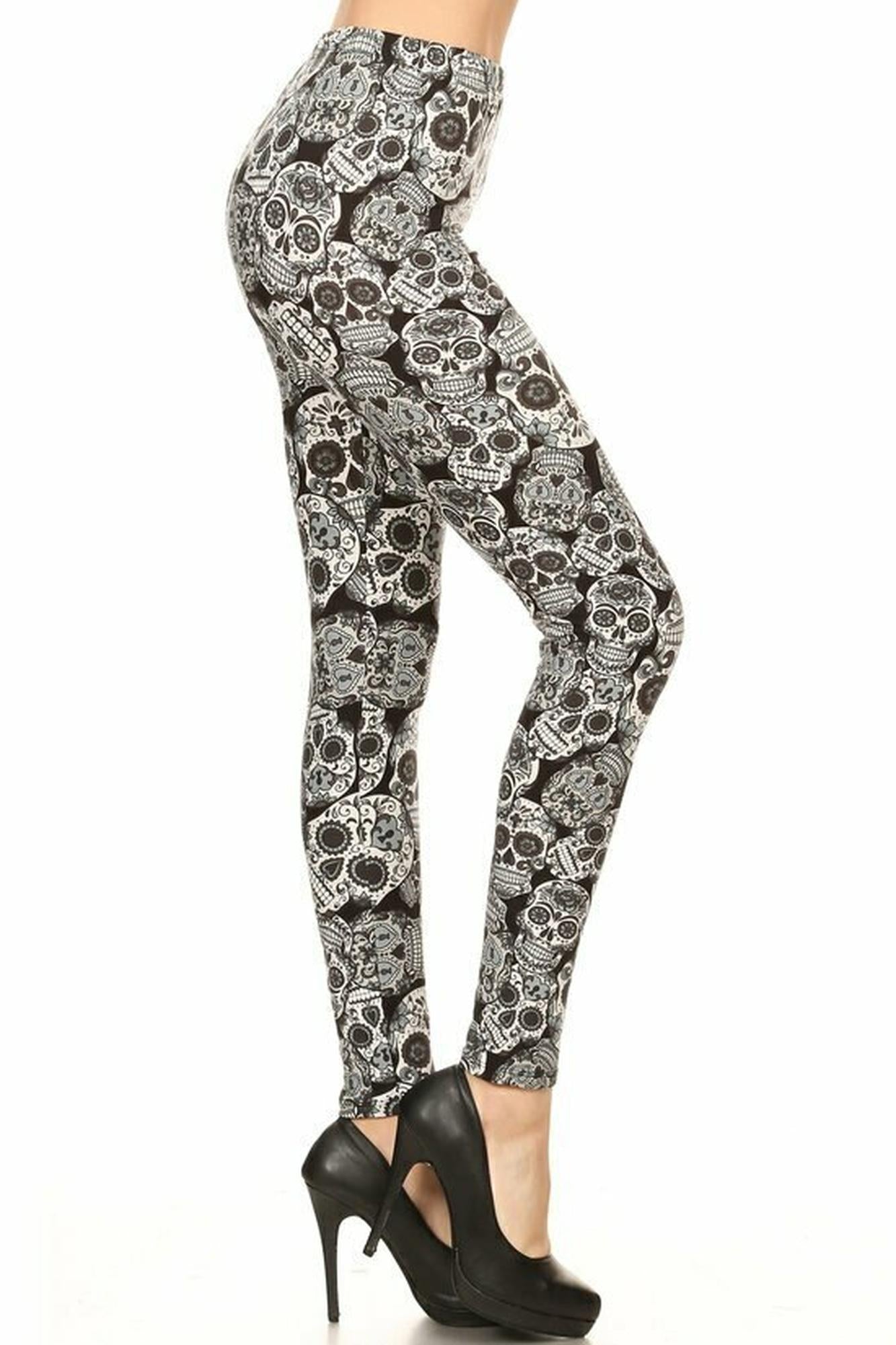 Wholesale Buttery Smooth Charcoal Sugar Skull Plus Size Leggings