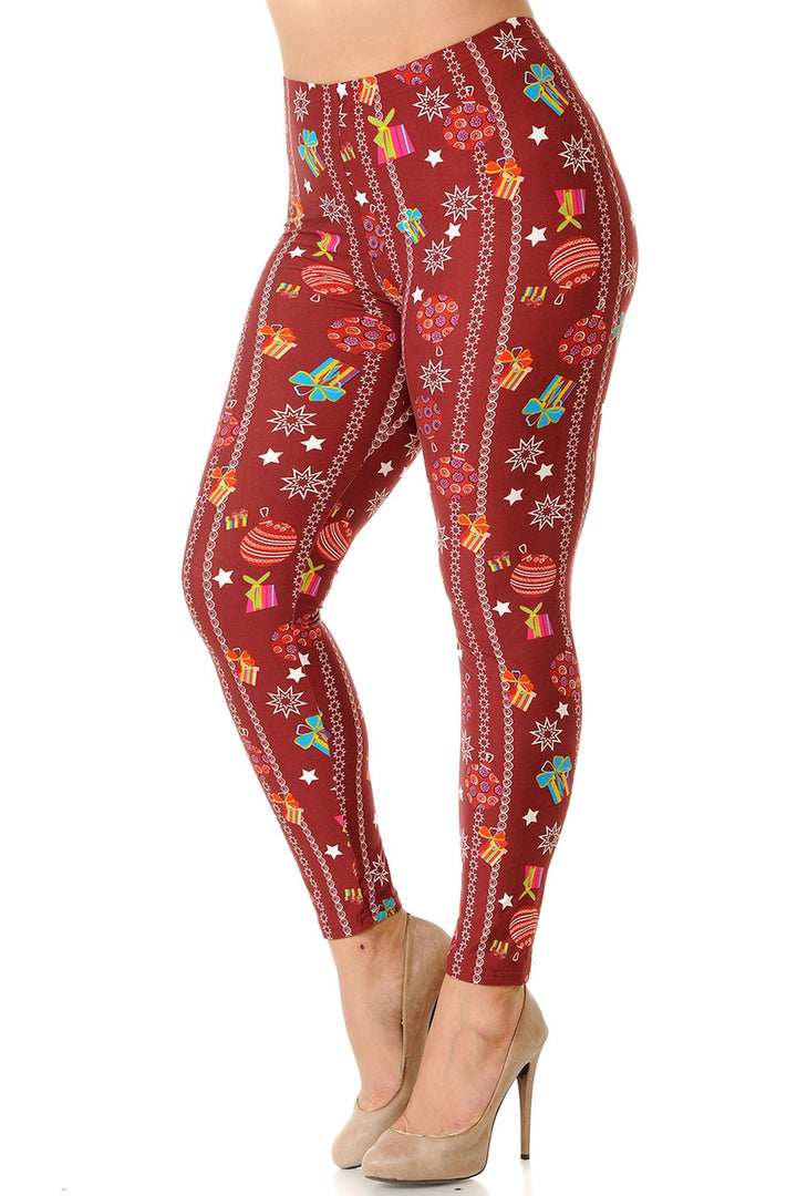 Wholesale Buttery Soft Burgundy Christmas Ornament Plus Size Leggings