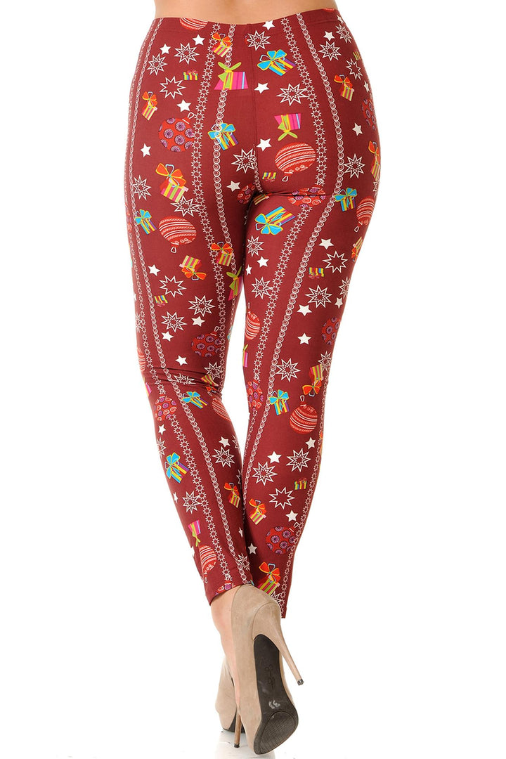 Wholesale Buttery Soft Burgundy Christmas Ornament Plus Size Leggings